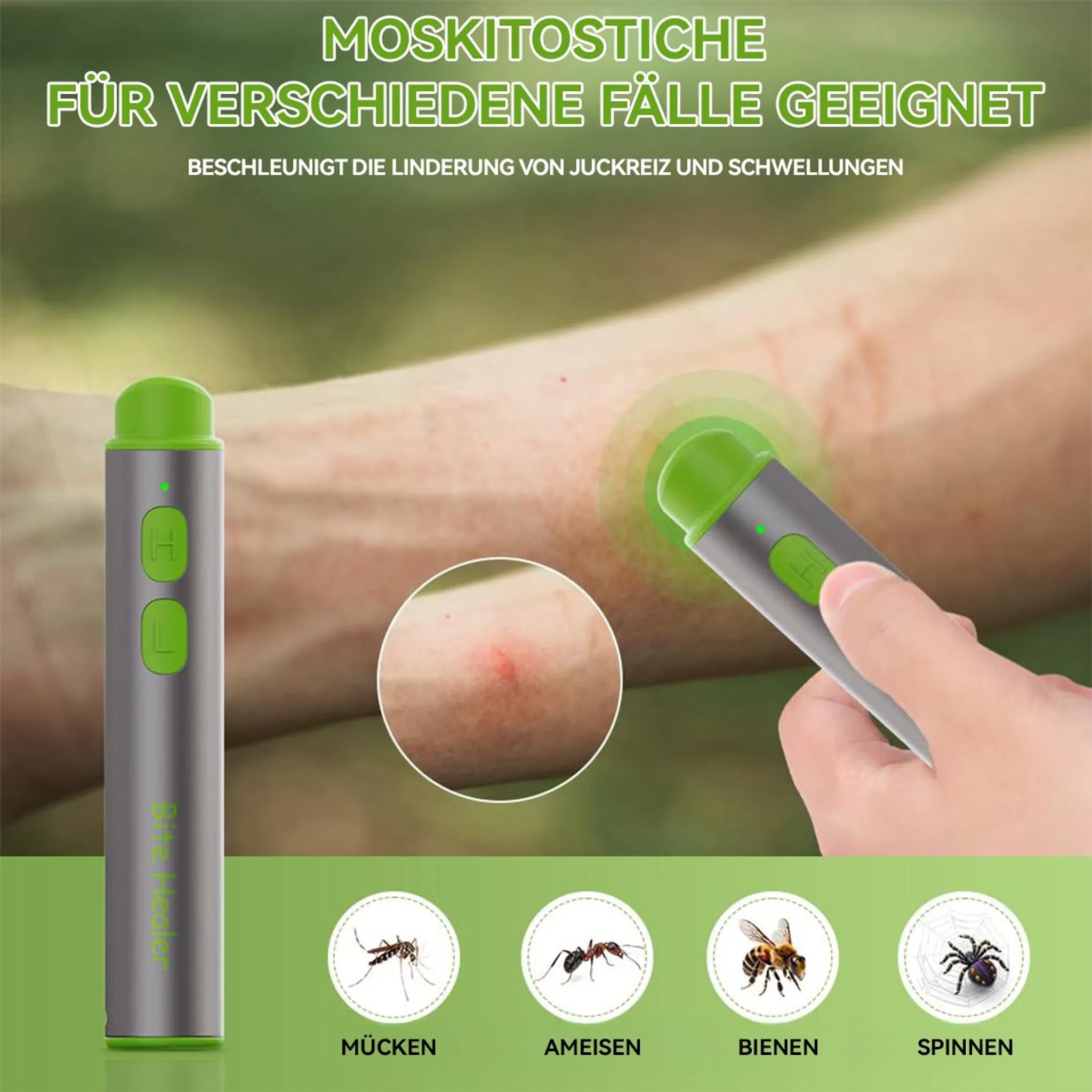 Ein Insektenstichheiler wird auf eine Hautstelle mit einem Stich angewendet.