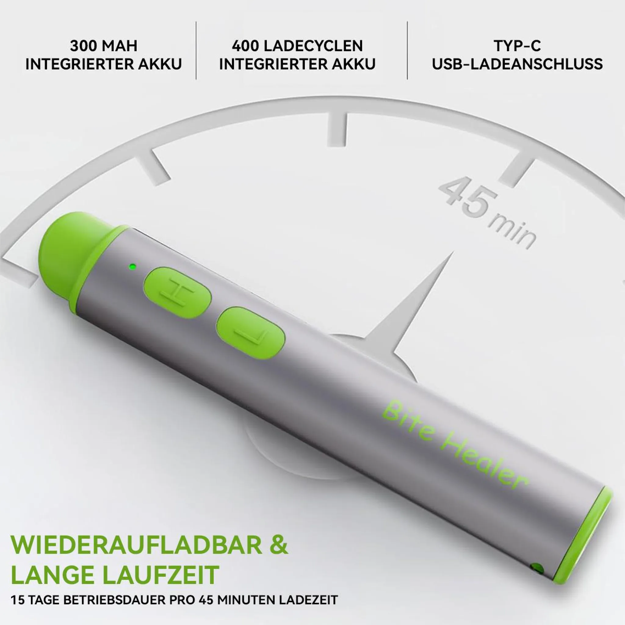 Grauer Stab mit grünen Akzenten, 300mAh Akku, 400 Ladezyklen, USB-C.