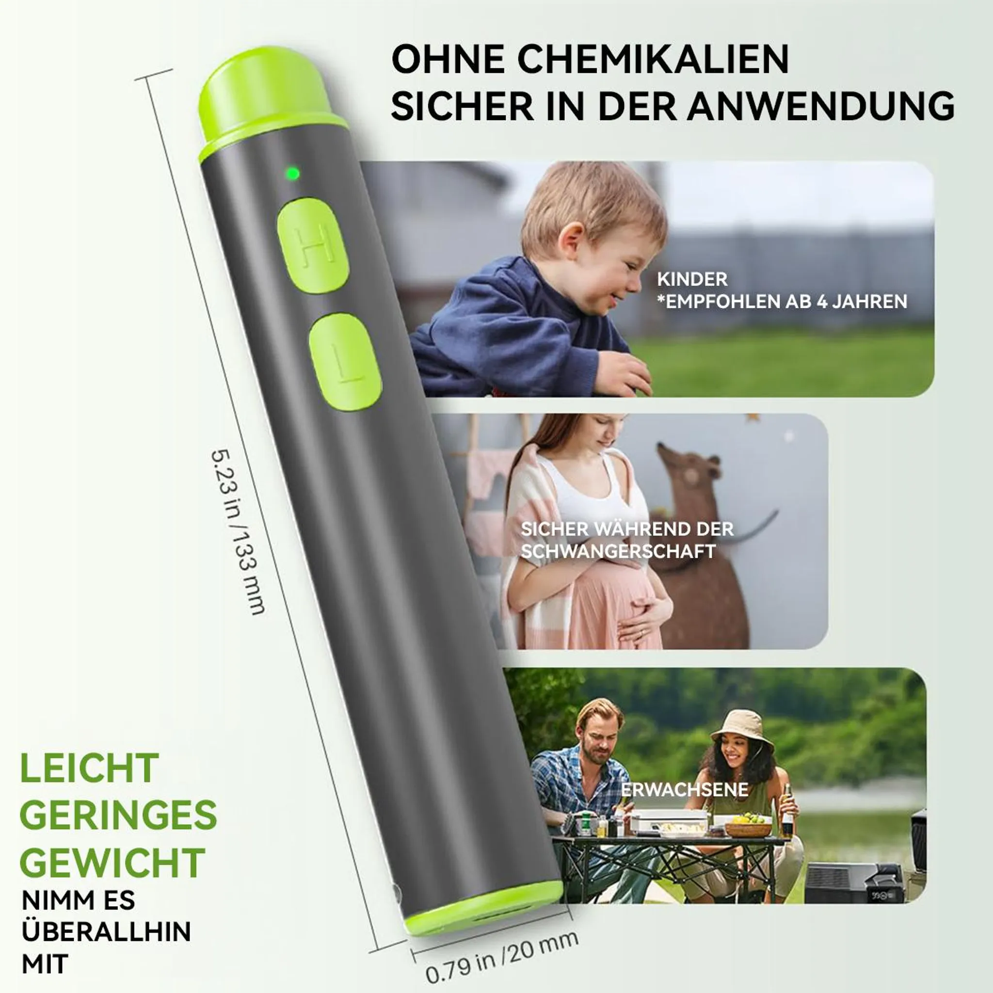 Grauer Stab mit grünen Akzenten, zeigt ein Kind, eine Schwangere und Erwachsene im Freien.