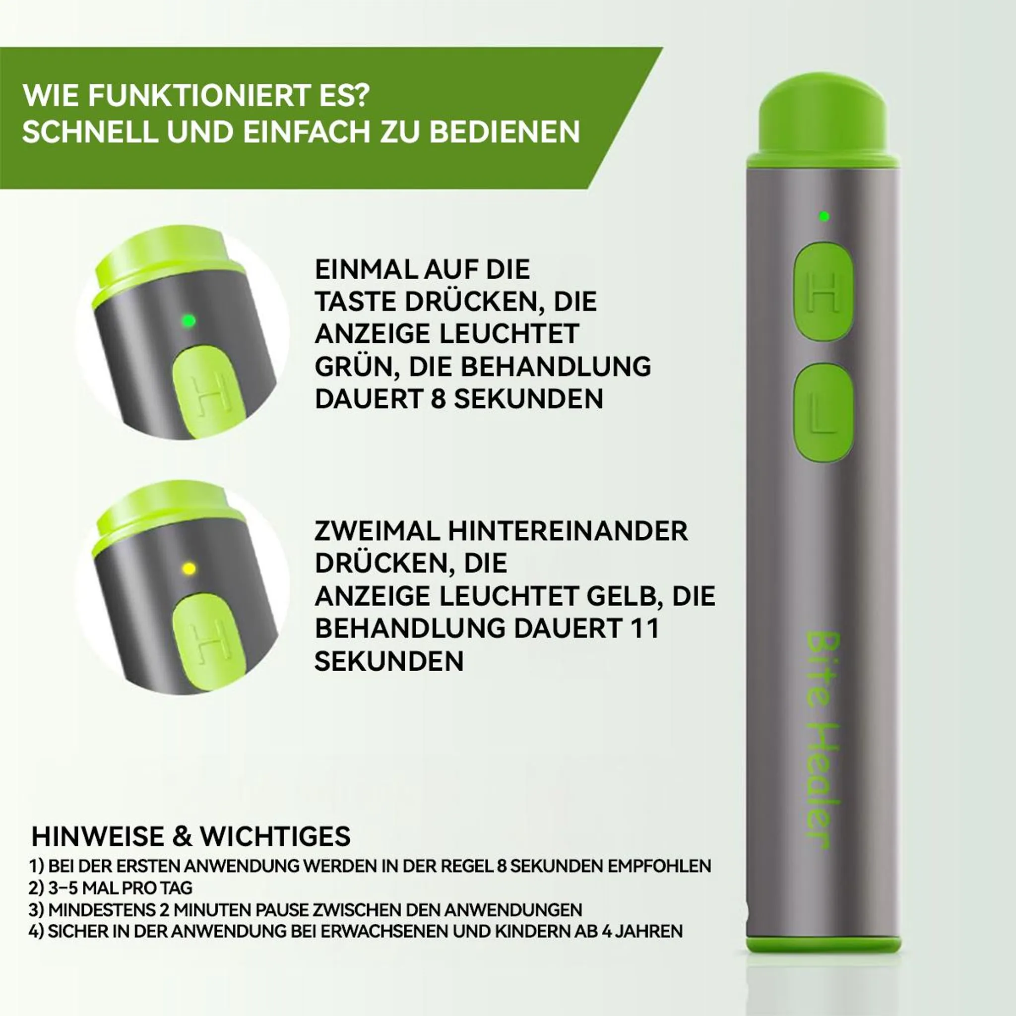 Anleitung für ein Gerät mit grüner (8s) und gelber (11s) Anzeige.