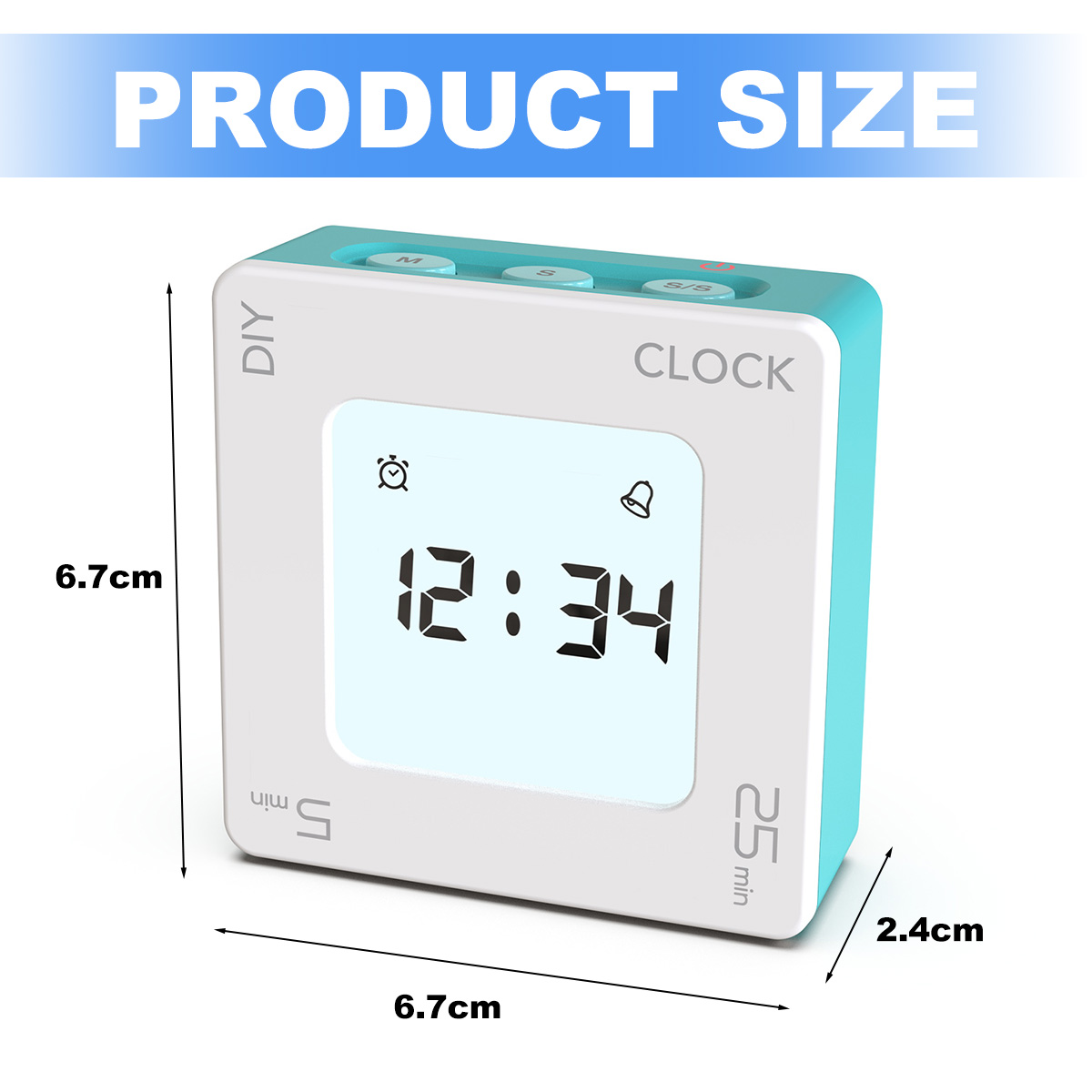 Ein weißer und türkisfarbener digitaler Timer zeigt 12:34 an. Maße: 6,7cm x 6,7cm x 2,4cm.