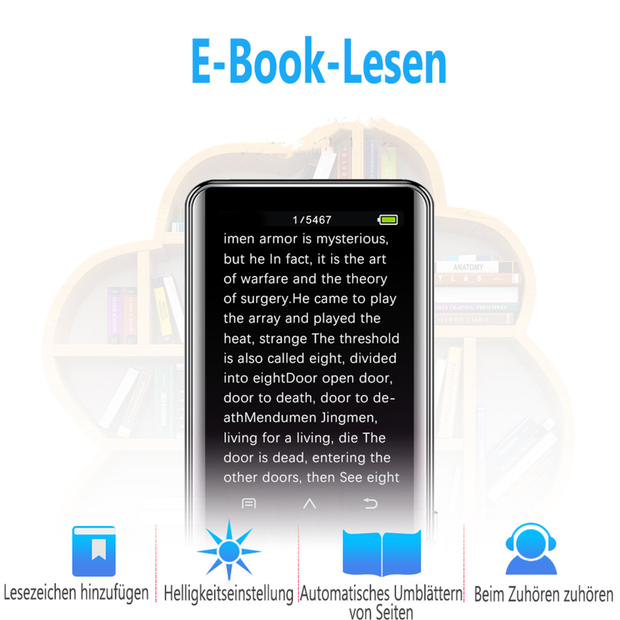 E-Book-Lesen: Ein Smartphone zeigt Text, umgeben von Bücherregalen.