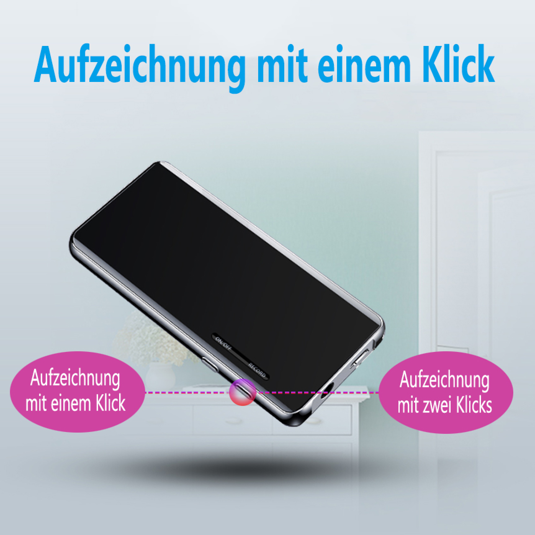 Schwarzes Aufnahmegerät mit silbernem Rand, zwei pinke Sprechblasen daneben.
