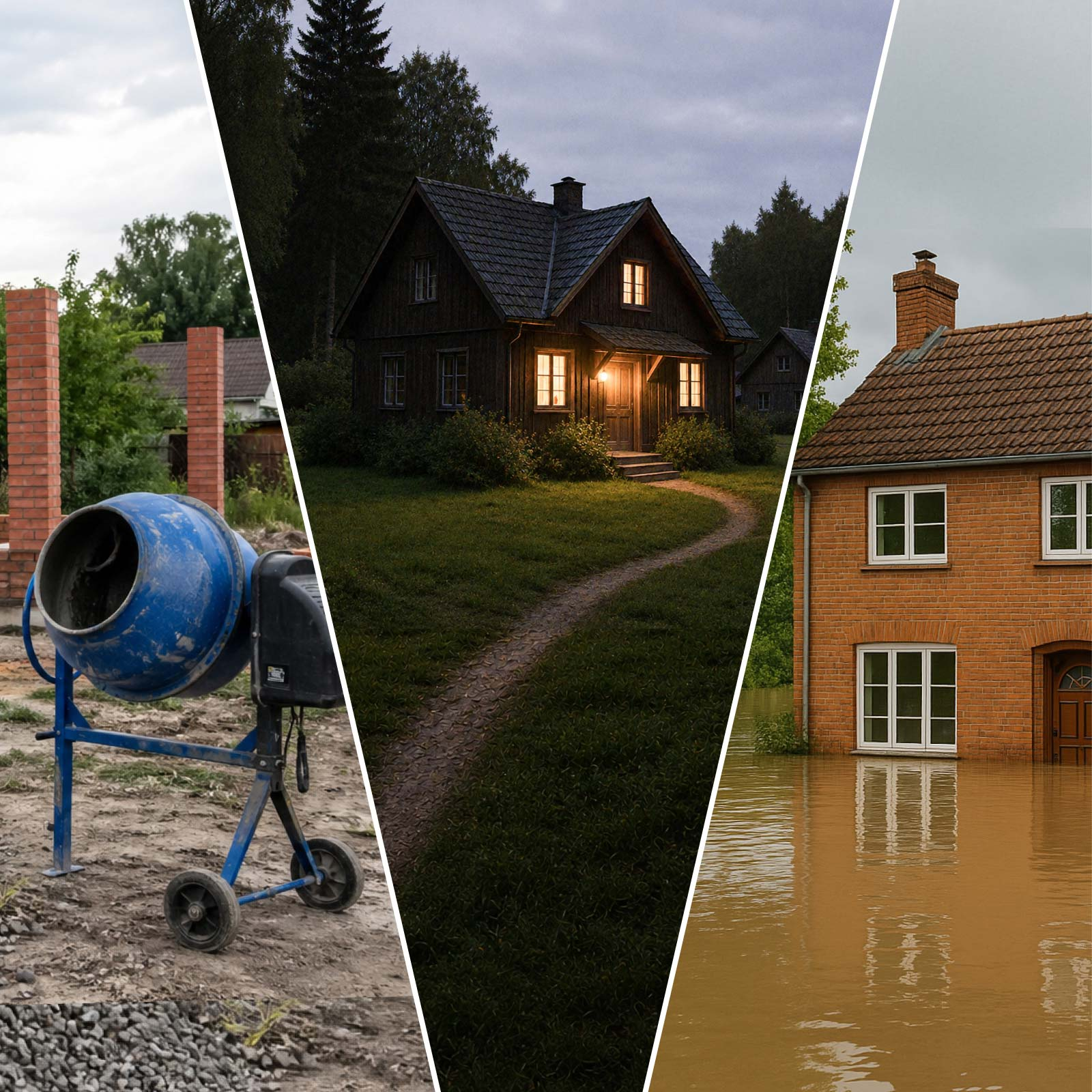 Drei Szenen: Baustelle mit Betonmischer, beleuchtetes Haus im Wald, überflutetes Ziegelhaus.