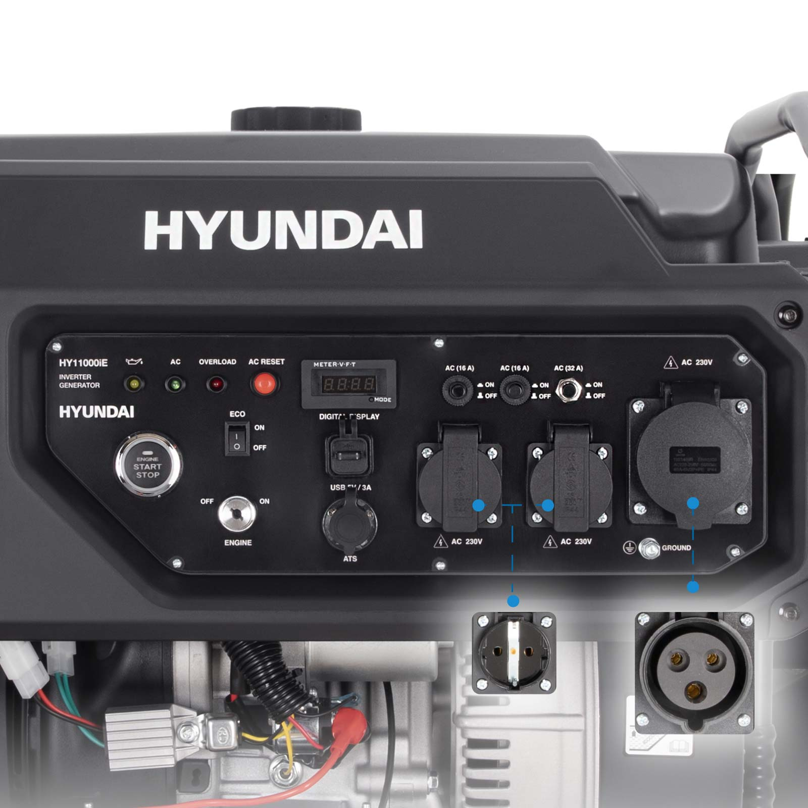 Das Bedienfeld eines schwarzen Hyundai-Generators mit Steckdosen, Knöpfen und einem Display.