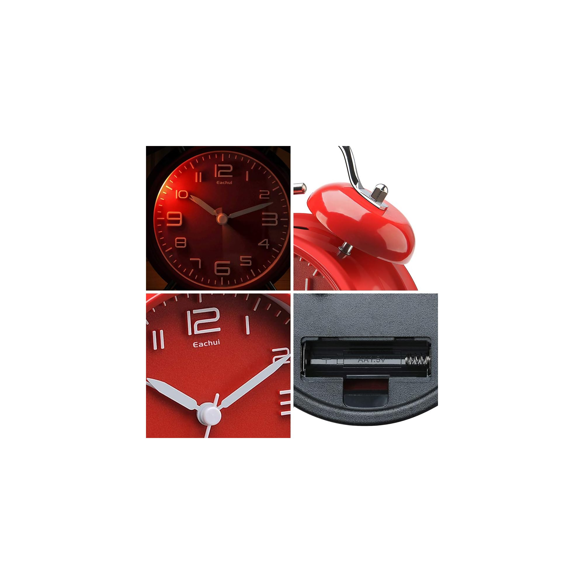 Vier Ausschnitte eines roten Weckers: Zifferblatt, Glocke, Zeiger und Batteriefach.