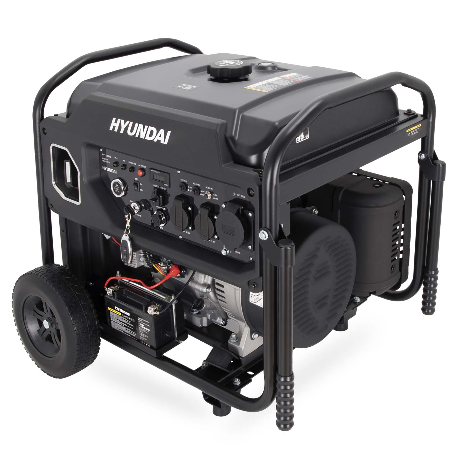 Schwarzer Hyundai Generator mit Rädern, Batterie und Bedienfeld.