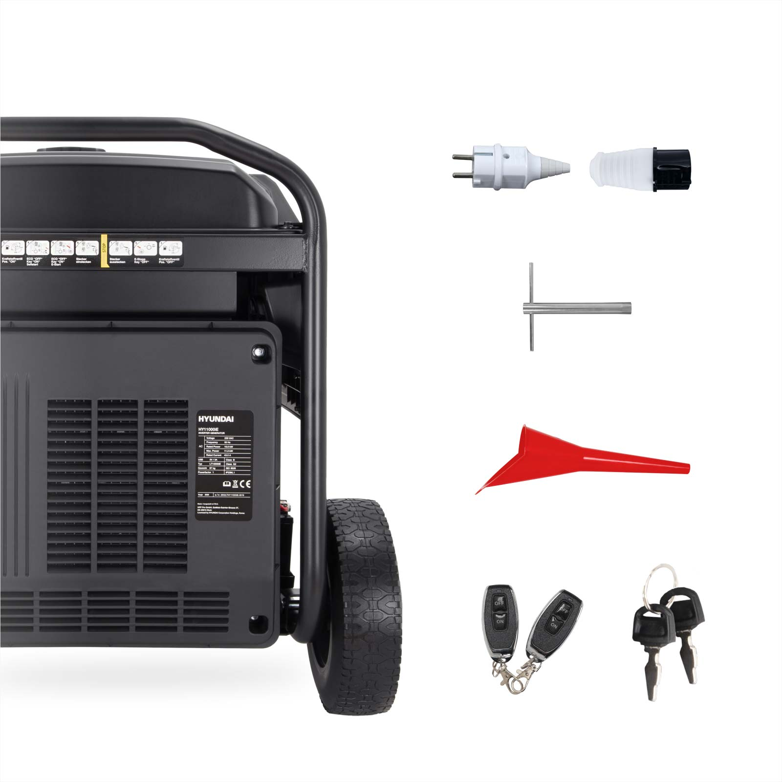 Ein schwarzer Generator mit Rädern und Zubehör: Stecker, Trichter, Werkzeug, Fernbedienungen, Schlüssel.