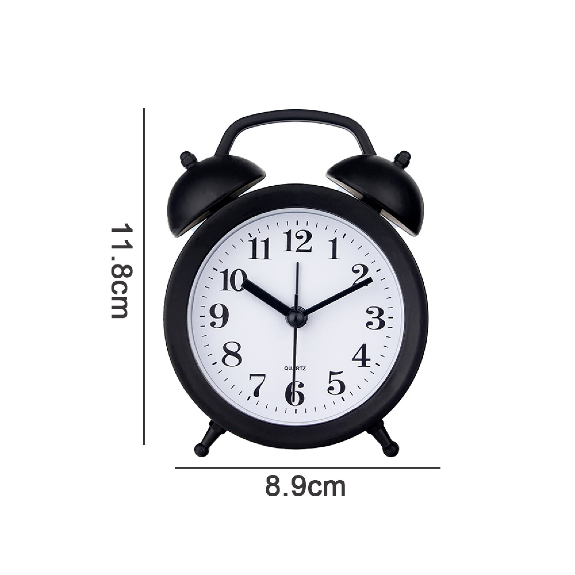 Eine schwarze Weckeruhr mit zwei Glocken, weißem Zifferblatt und schwarzen Zeigern, zeigt ca. 9:50.
