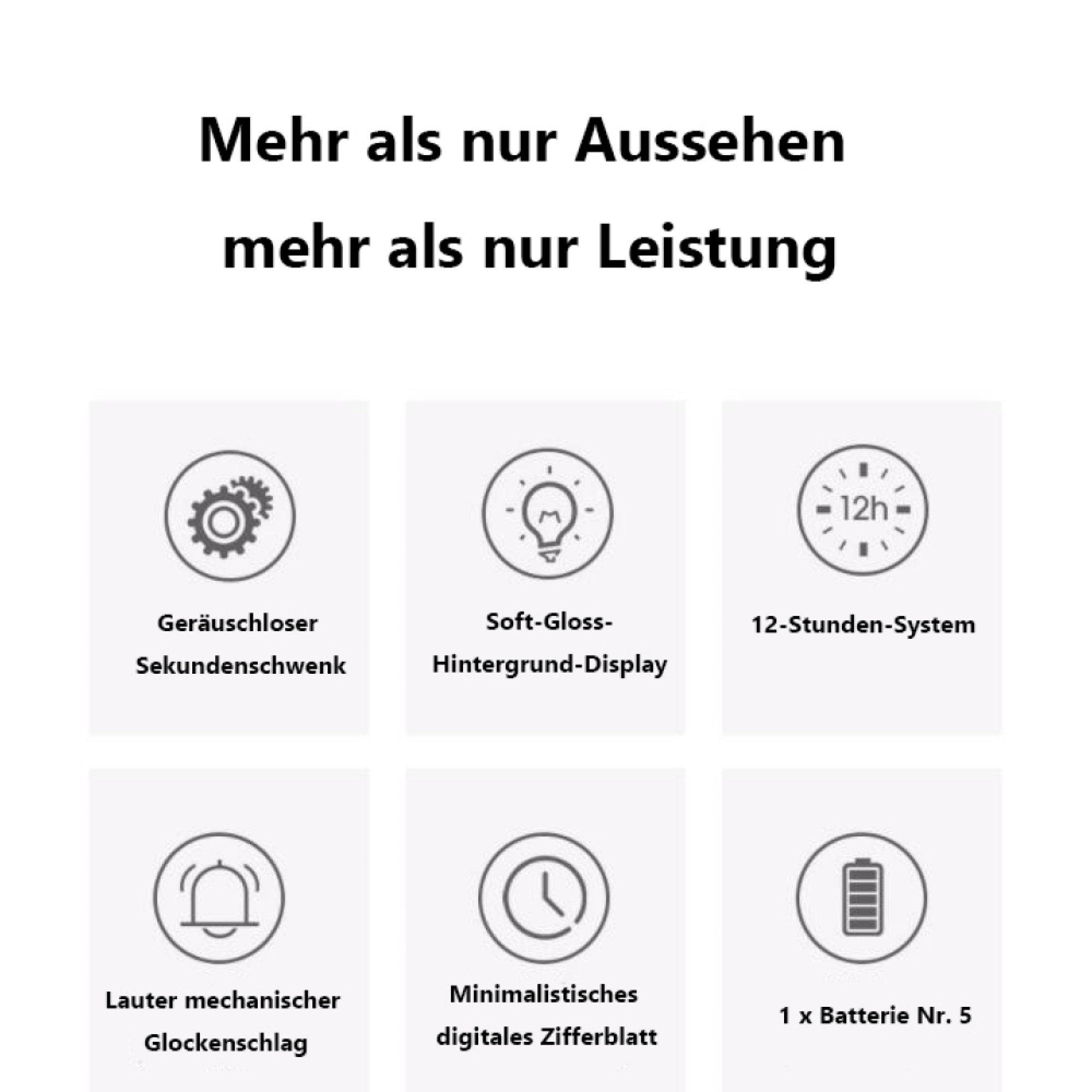 Icons mit Text: geräuschloser Sekunden-Schwenk, Soft-Gloss-Display, 12-Std.-System, mechanischer Glockenschlag, digitales Zifferblatt, Batterie.