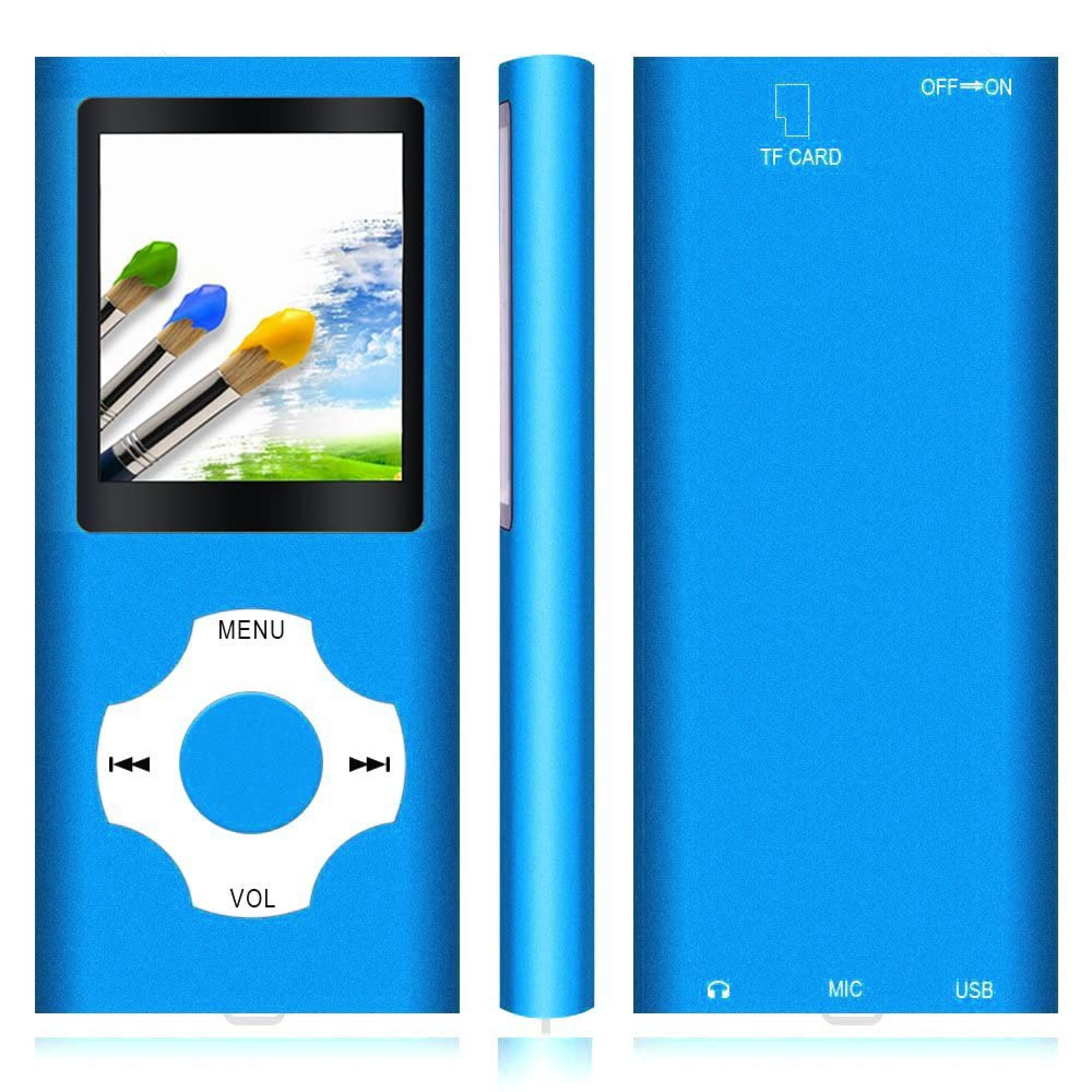 Ein blauer MP3-Player mit Bildschirm und Bedienelementen.