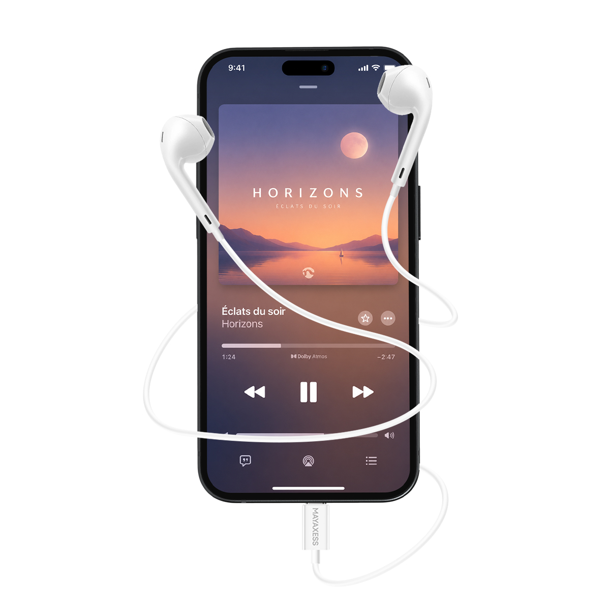 Uno smartphone mostra un'app musicale con auricolari collegati alla porta di ricarica.