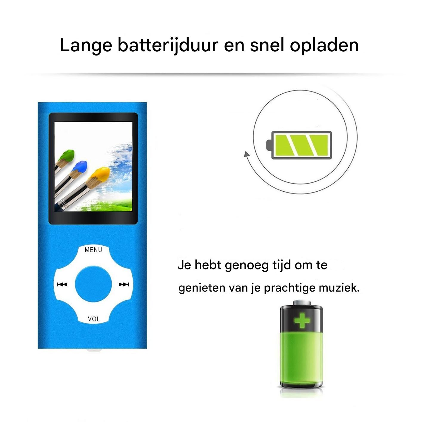 Blauer MP3-Player mit Akkusymbol und Text.
