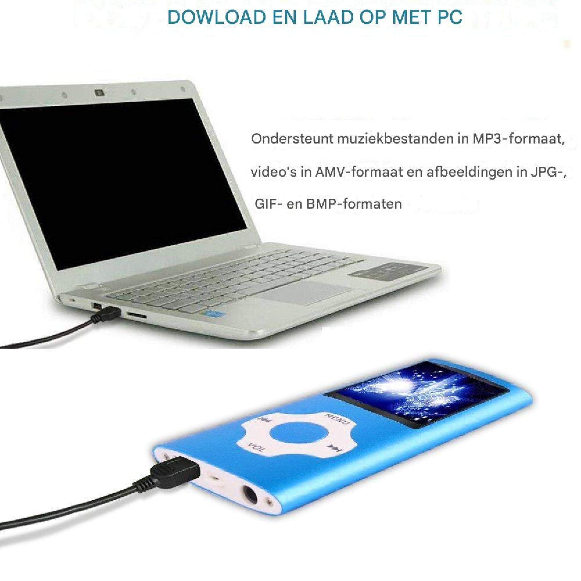 Ein Laptop ist mit einem blauen MP3-Player über ein schwarzes Kabel verbunden.