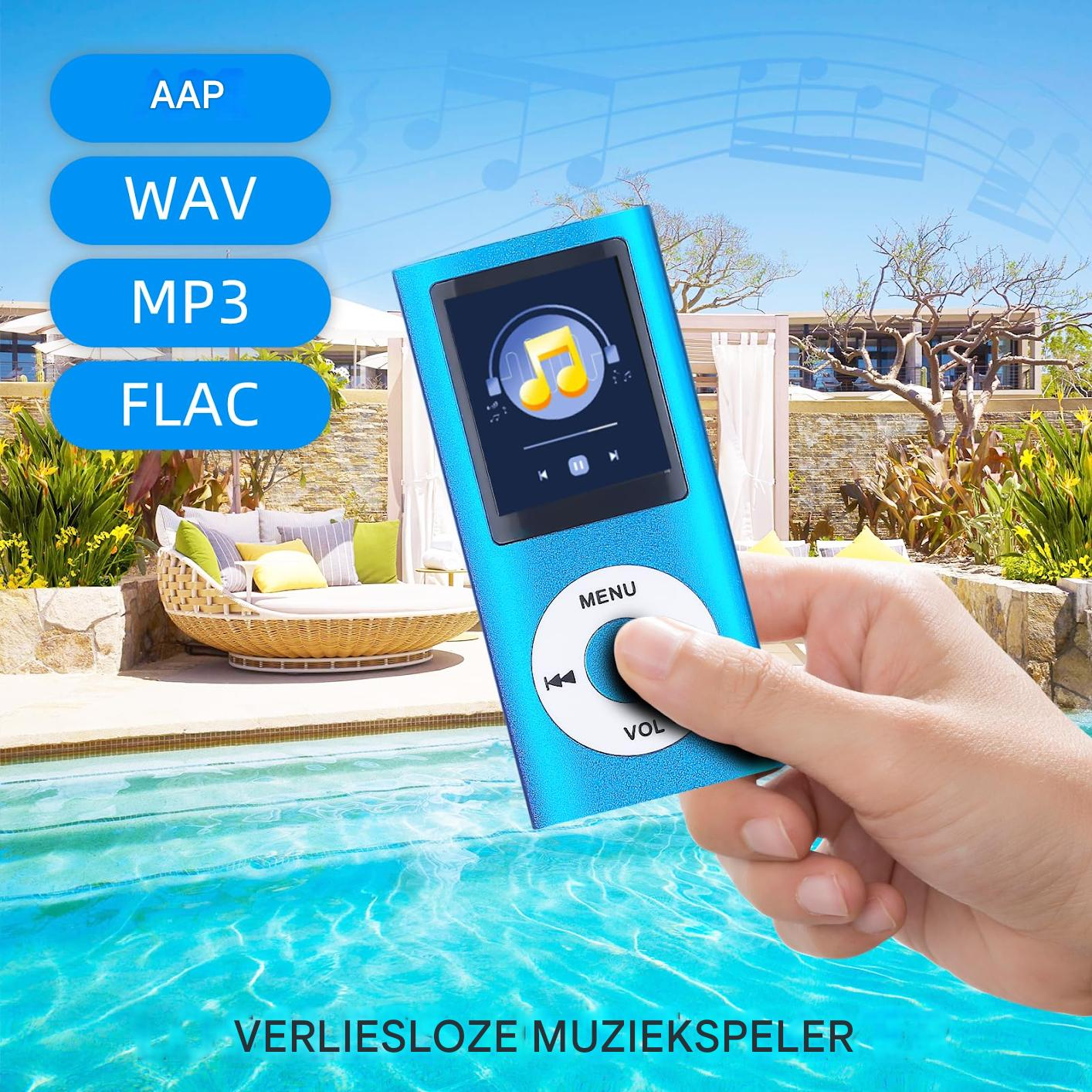 Ein blauer MP3-Player wird in der Nähe eines Pools und einer Lounge gehalten. Unterstützt AAP, WAV, MP3, FLAC.