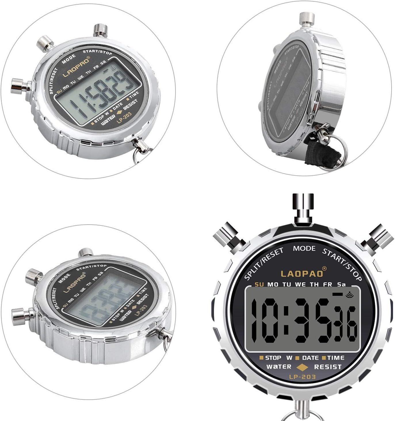Silberner LAOPAO Stoppuhr mit schwarzem Display, zeigt 11:58:29 an.