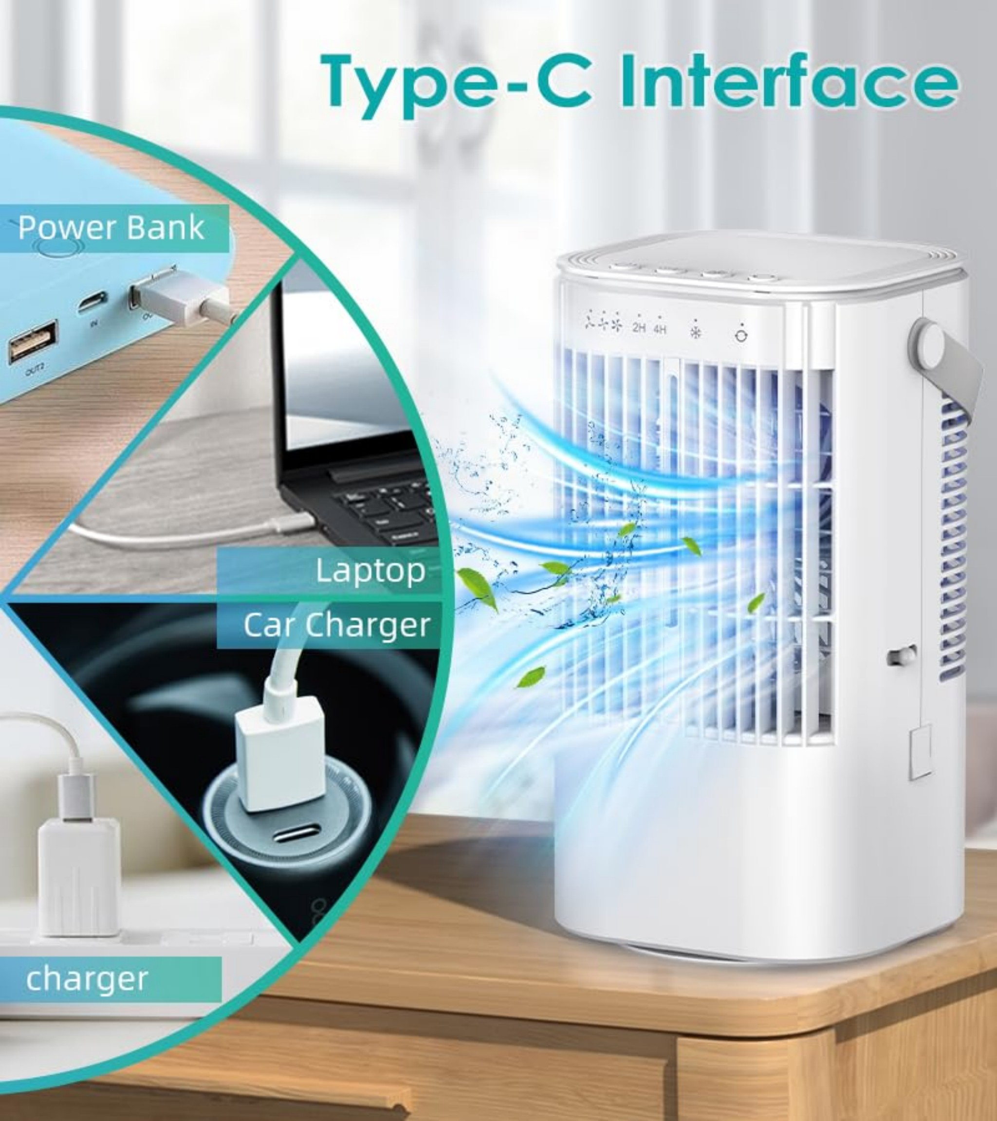 Weißer tragbarer Ventilator mit blauen Luftströmen. Seite zeigt Powerbank, Laptop und Autoladegerät.