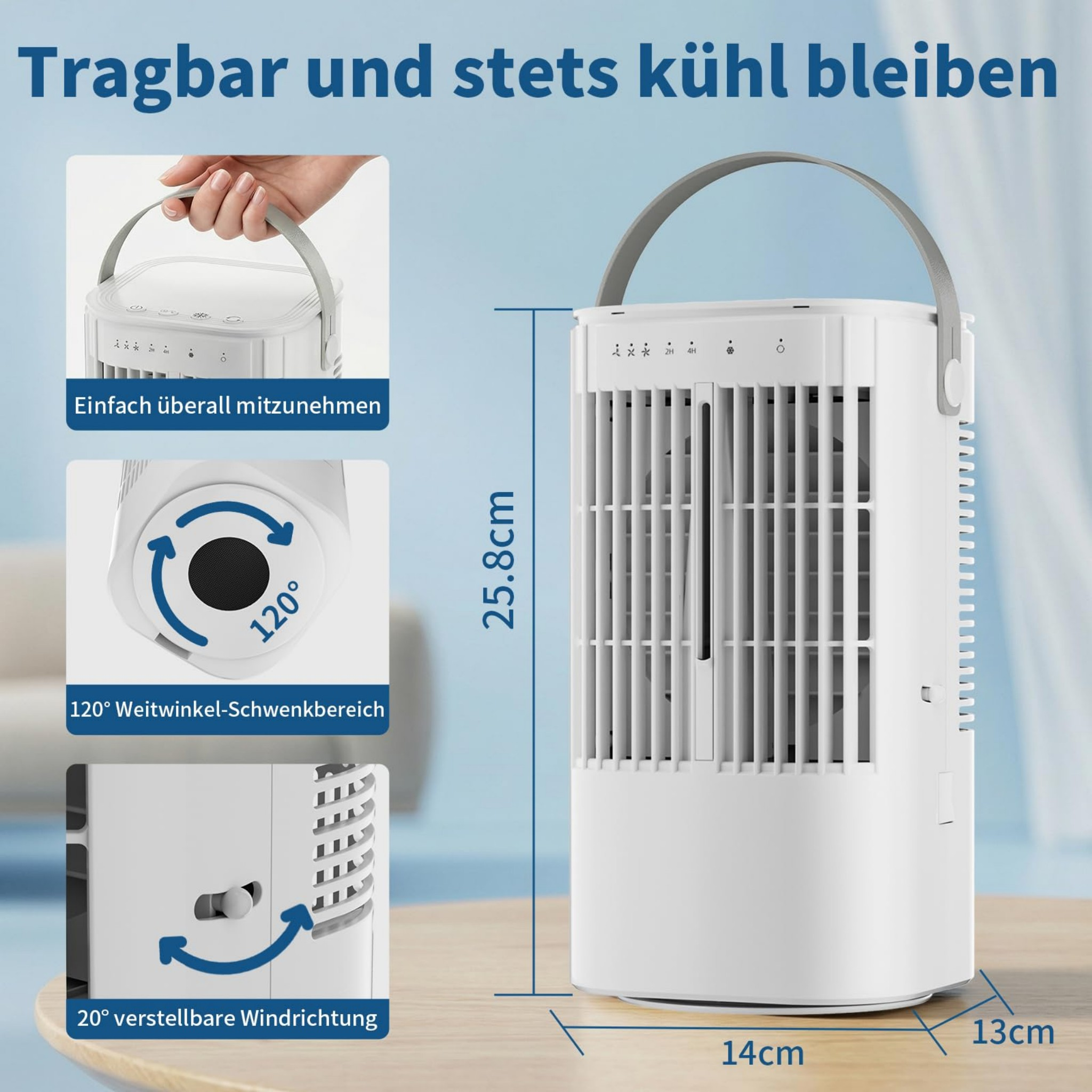 Tragbarer weißer Lüfter mit 25,8cm Höhe, 14cm Breite und 13cm Tiefe.