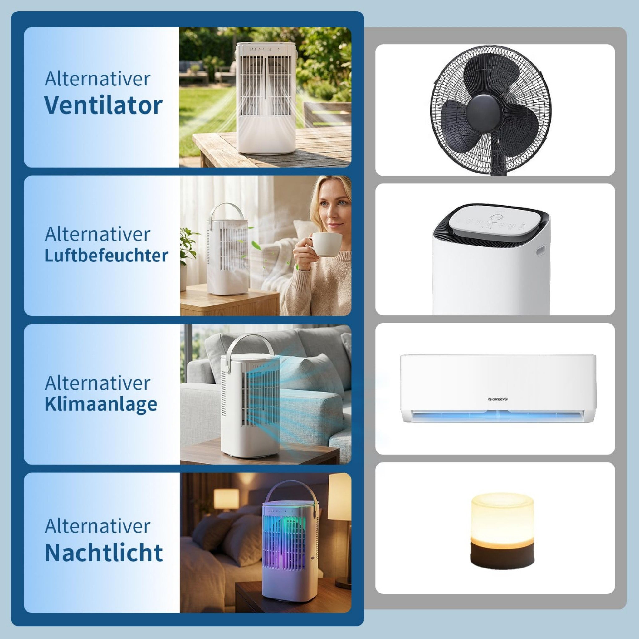 Collage von Haushaltsgeräten: Ventilator, Luftbefeuchter, Klimaanlage, Nachtlicht.
