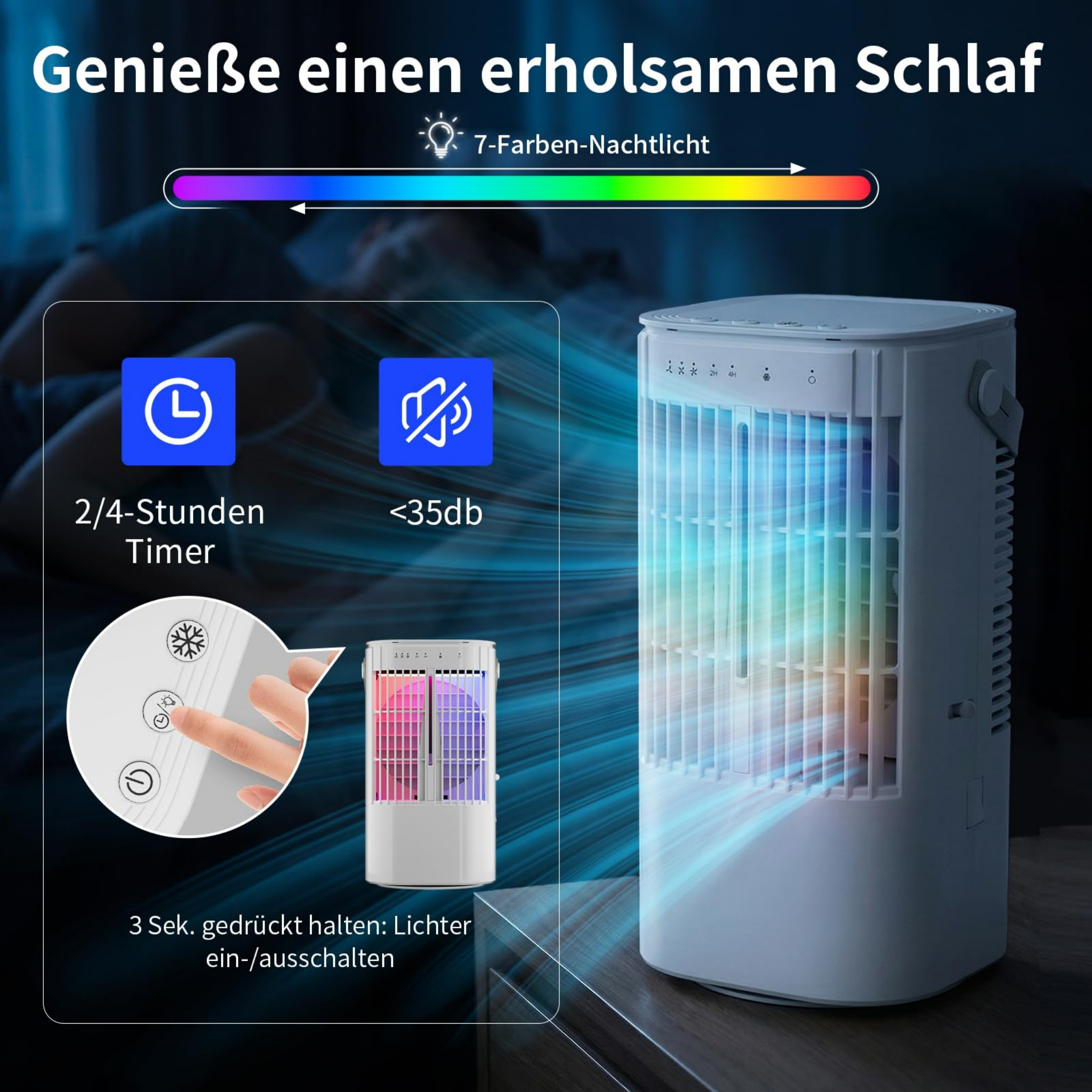 Ein weißer Luftkühler mit 7-Farben-Nachtlicht und Timer-Funktion. Blaues Licht strömt aus.