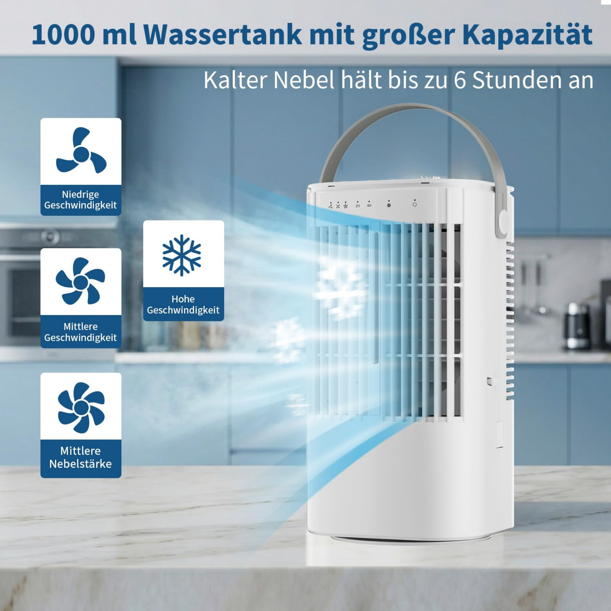 Ein weißer Luftkühler mit blauen Nebelschleiern und Lüftersymbolen.