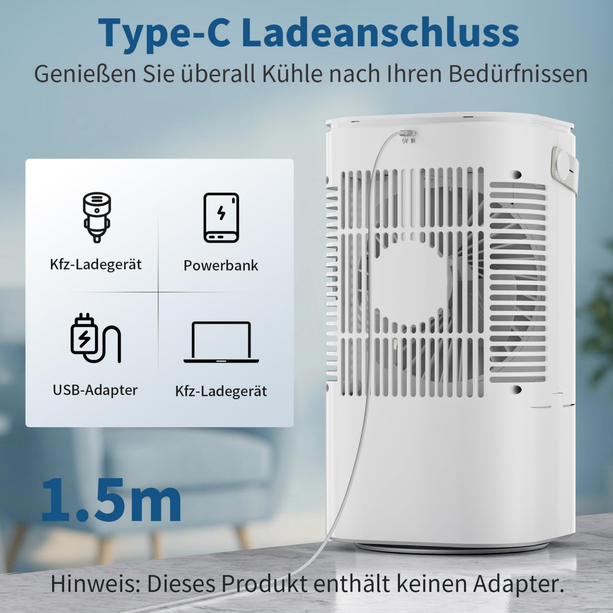 Ein weißes Gerät mit Lüftungsschlitzen und einem Kabel, das mit 5V IN verbunden ist.
