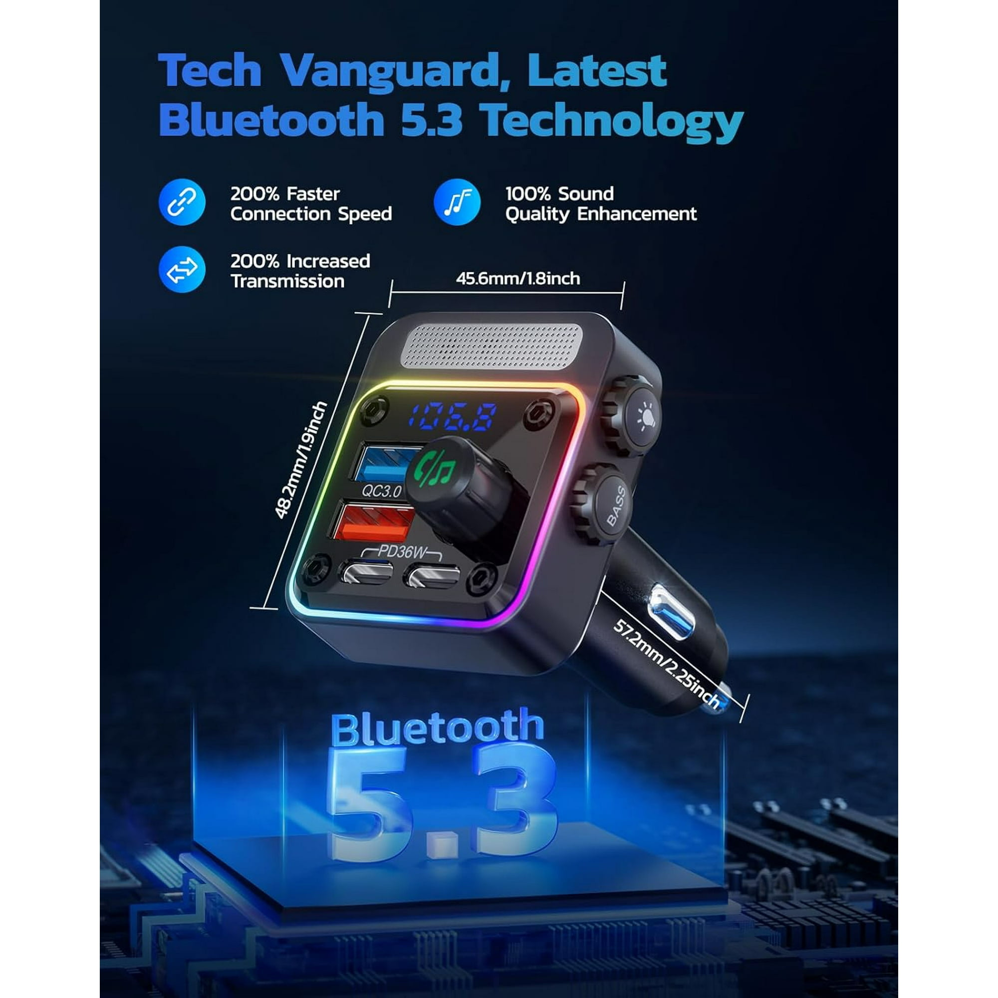 Ein schwarzer Bluetooth 5.3 Autoadapter mit zwei USB-Anschlüssen und einem Drehregler.