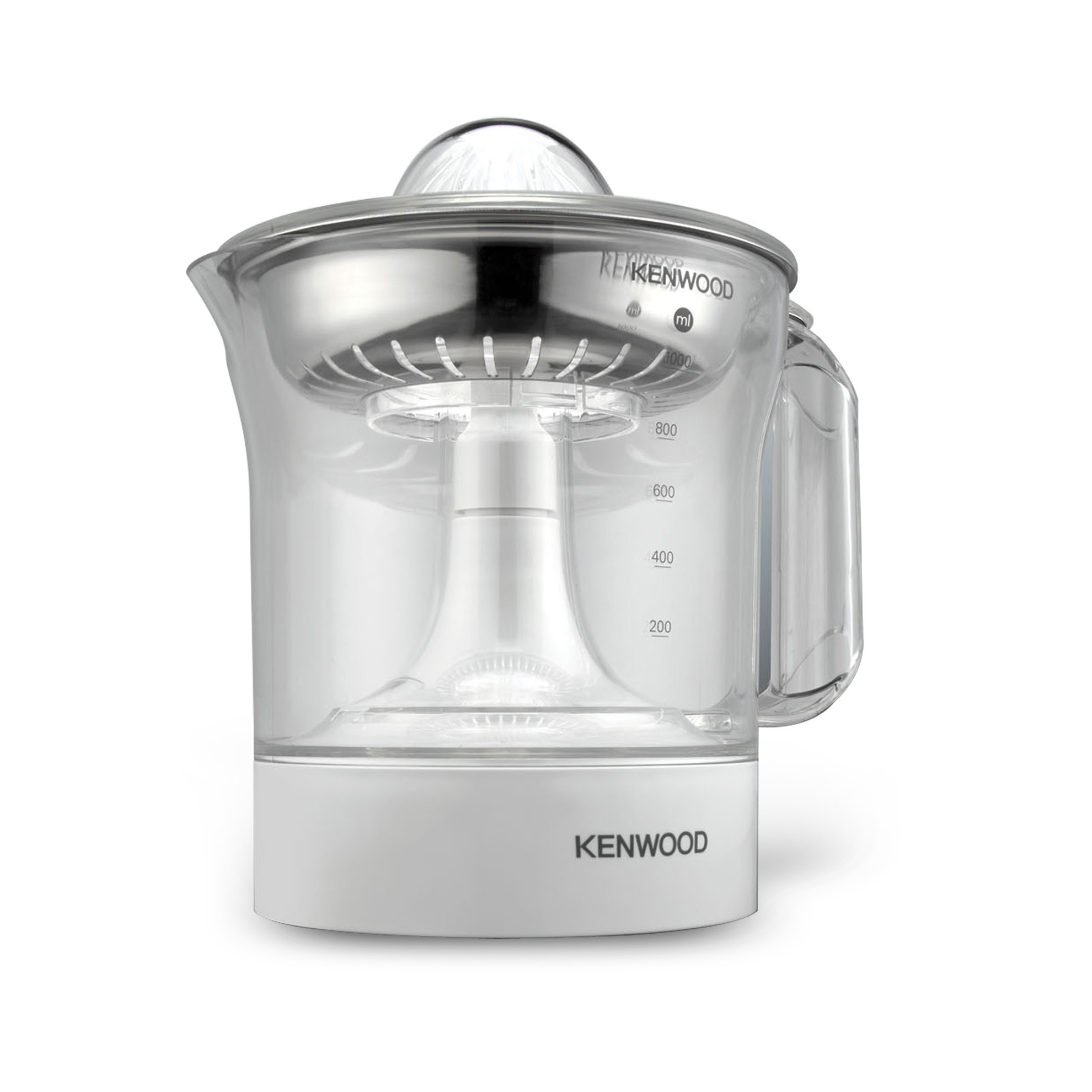 Ein weißer Kenwood Elektro-Zitrusentsafter mit glasklarem Krug und Edelstahl-Deckel.