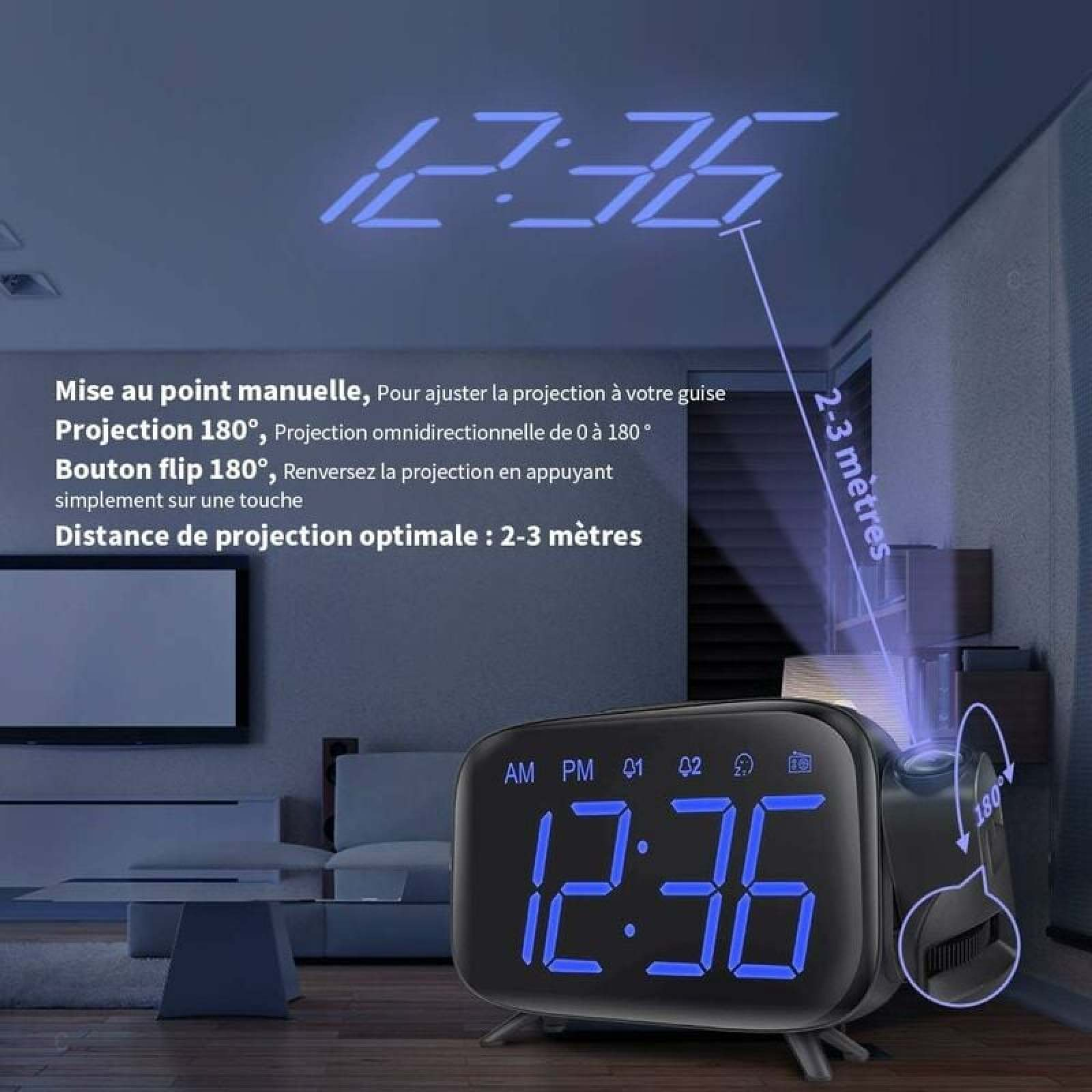 Ein digitaler Projektionswecker zeigt 12:36 an, mit projizierter Zeit an der Decke.