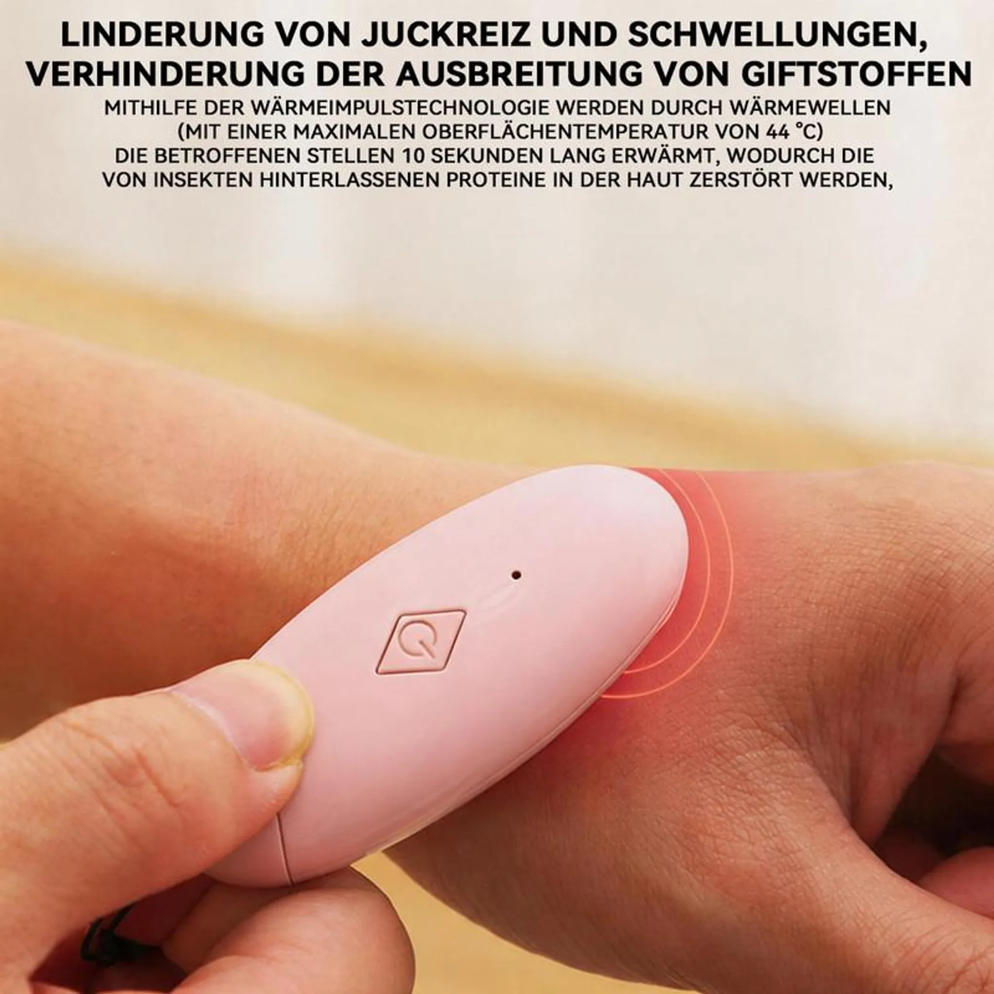 Ein pinkes Gerät wird auf einem Arm angewendet, mit roten Wellen, die Wärme symbolisieren.