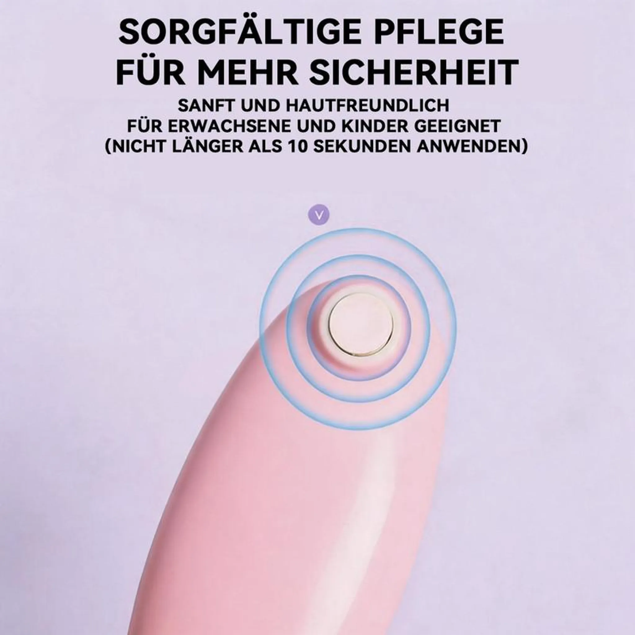 Rosa Gerät mit konzentrischen Kreisen, Text über sanfte Pflege.