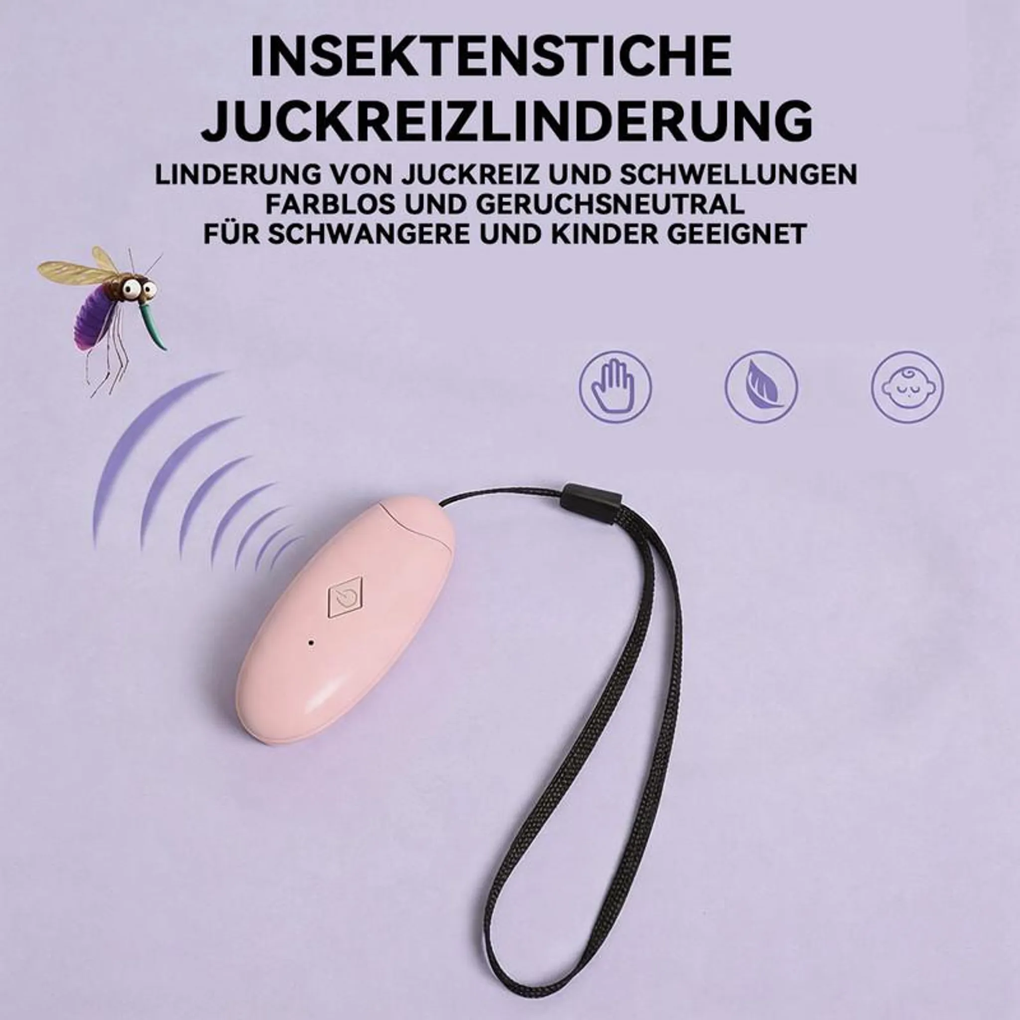 Ein rosa Gerät mit Lanyard, das Wellen aussendet, um eine Mücke abzuwehren.