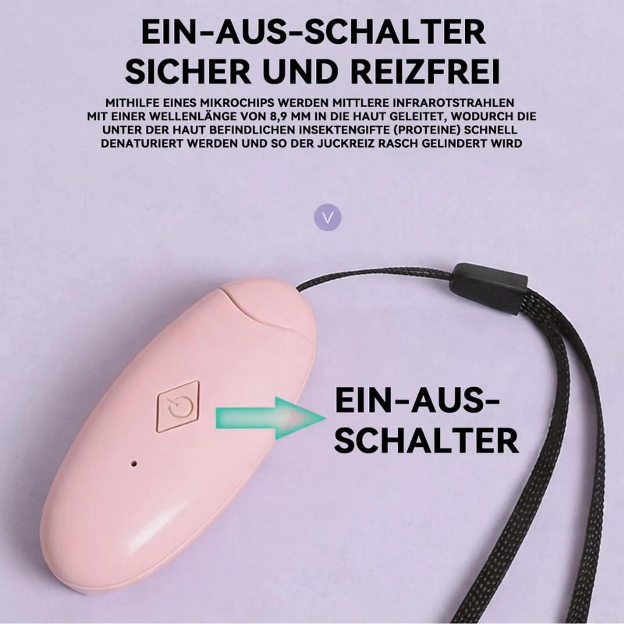 Ein rosafarbener Ein-Aus-Schalter mit einer Schnur und einem Power-Symbol.
