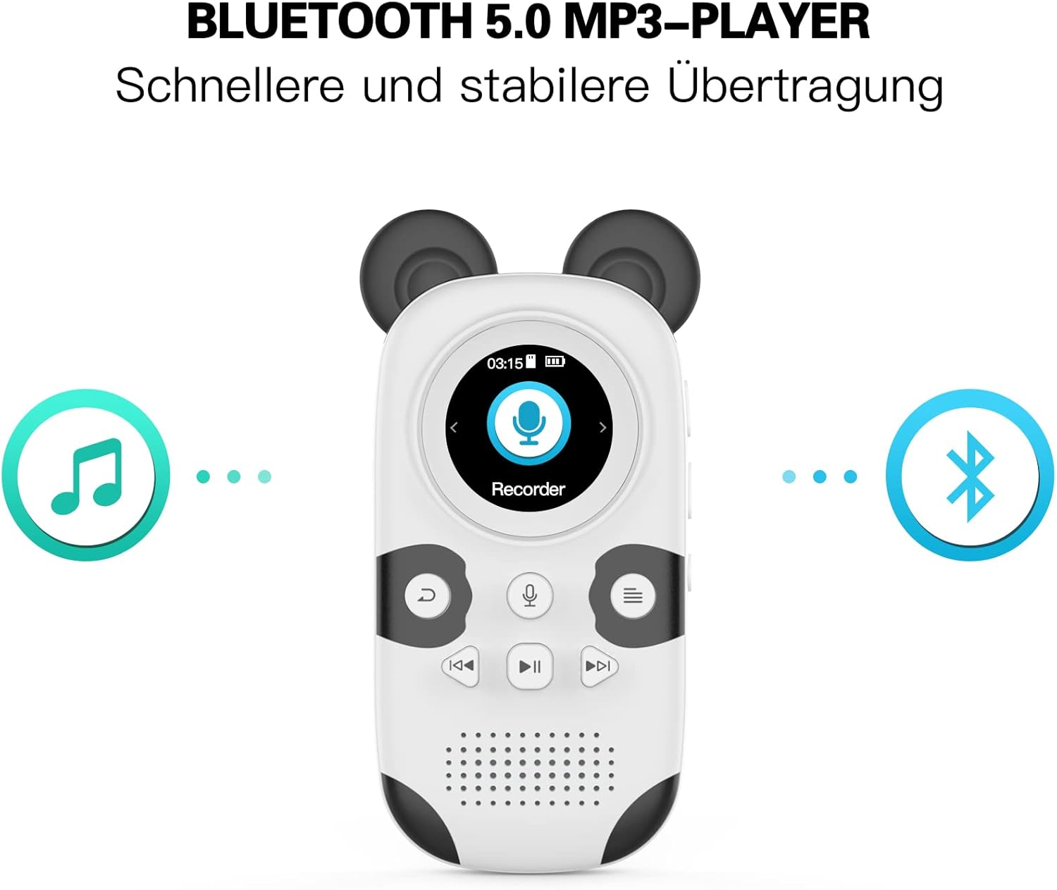 Ein weißer MP3-Player mit Panda-Ohren, der Musik und Bluetooth-Symbole zeigt.