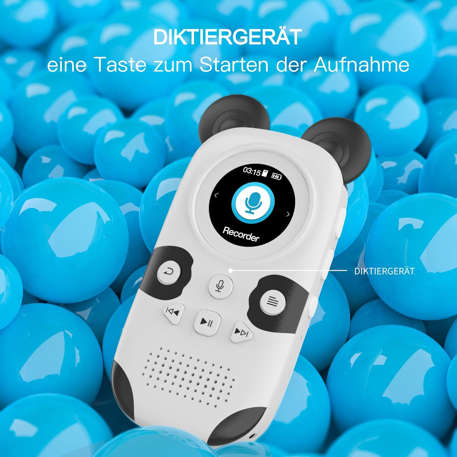 Ein Diktiergerät mit Pandagesicht, umgeben von blauen Kugeln.