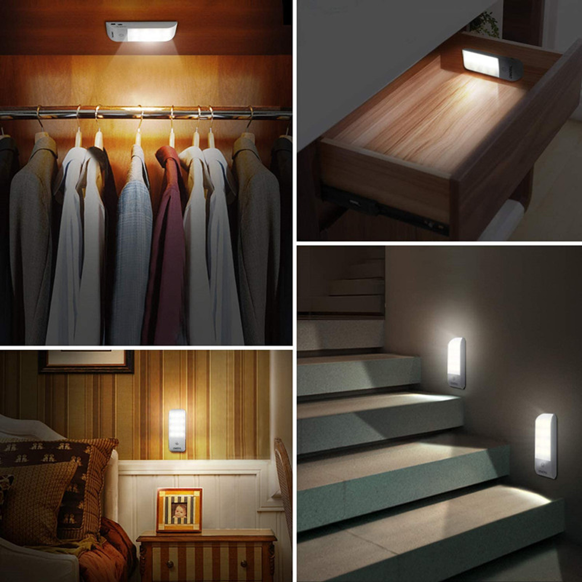 Kompaktleuchte beleuchtet Schrank, Schublade, Nachttisch und Treppe.