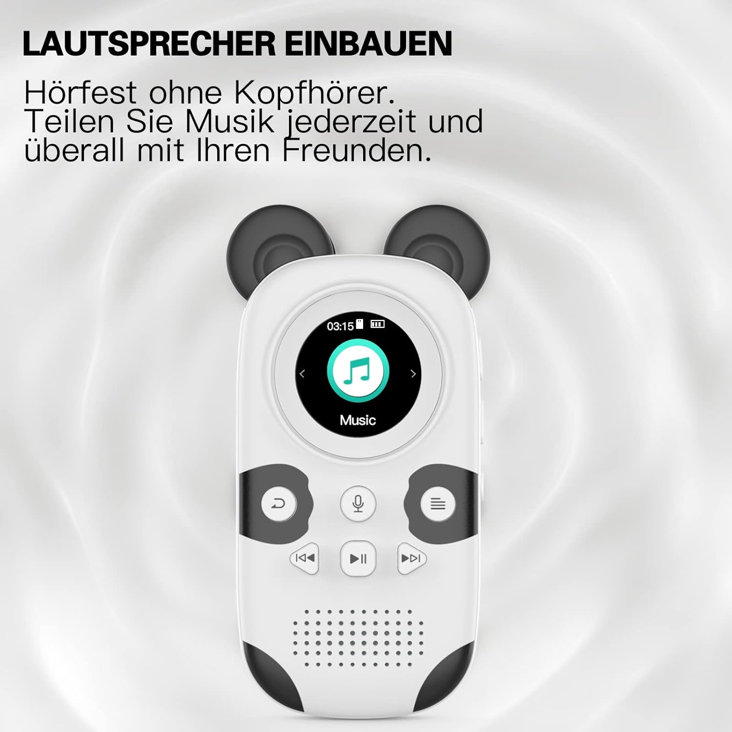 Ein weißer Lautsprecher mit Musiksymbol auf dem Display und Bedienelementen.