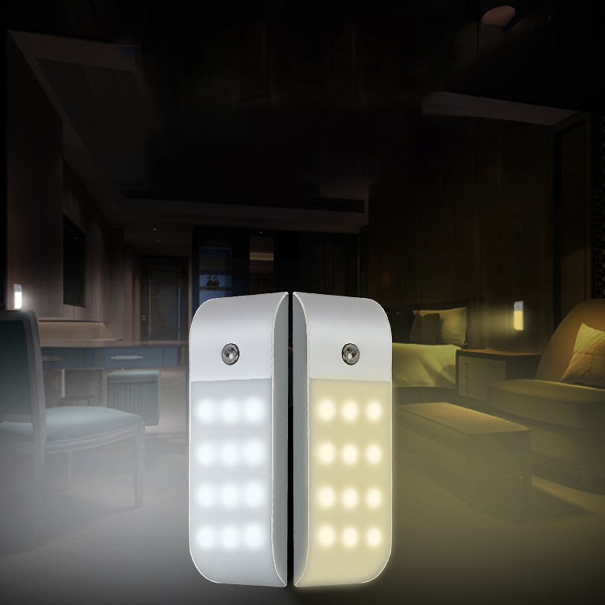 Zwei weiße LED-Nachtlichter, eines mit hellem Licht, das andere mit warmem Licht.