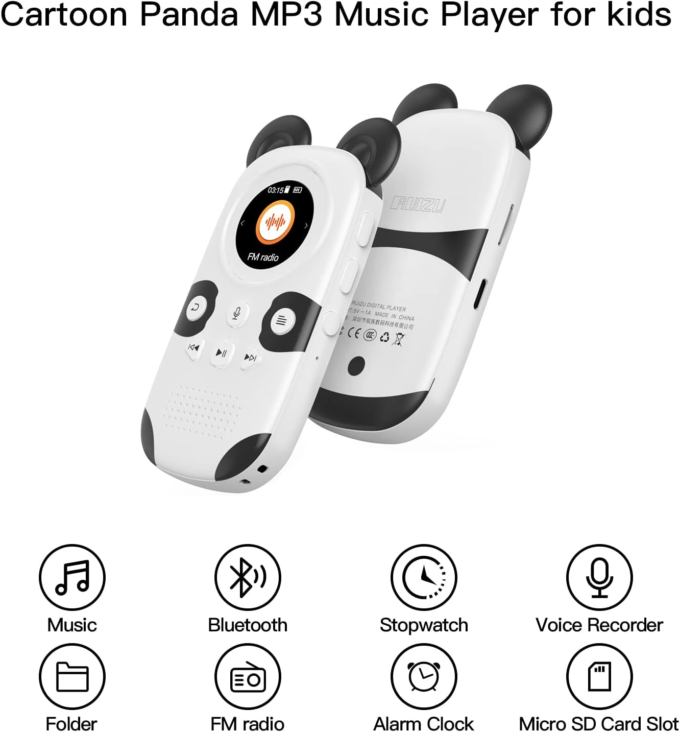 Weißer Panda MP3-Player mit Ohren, Musik-, Bluetooth-, Stoppuhr-Symbolen.