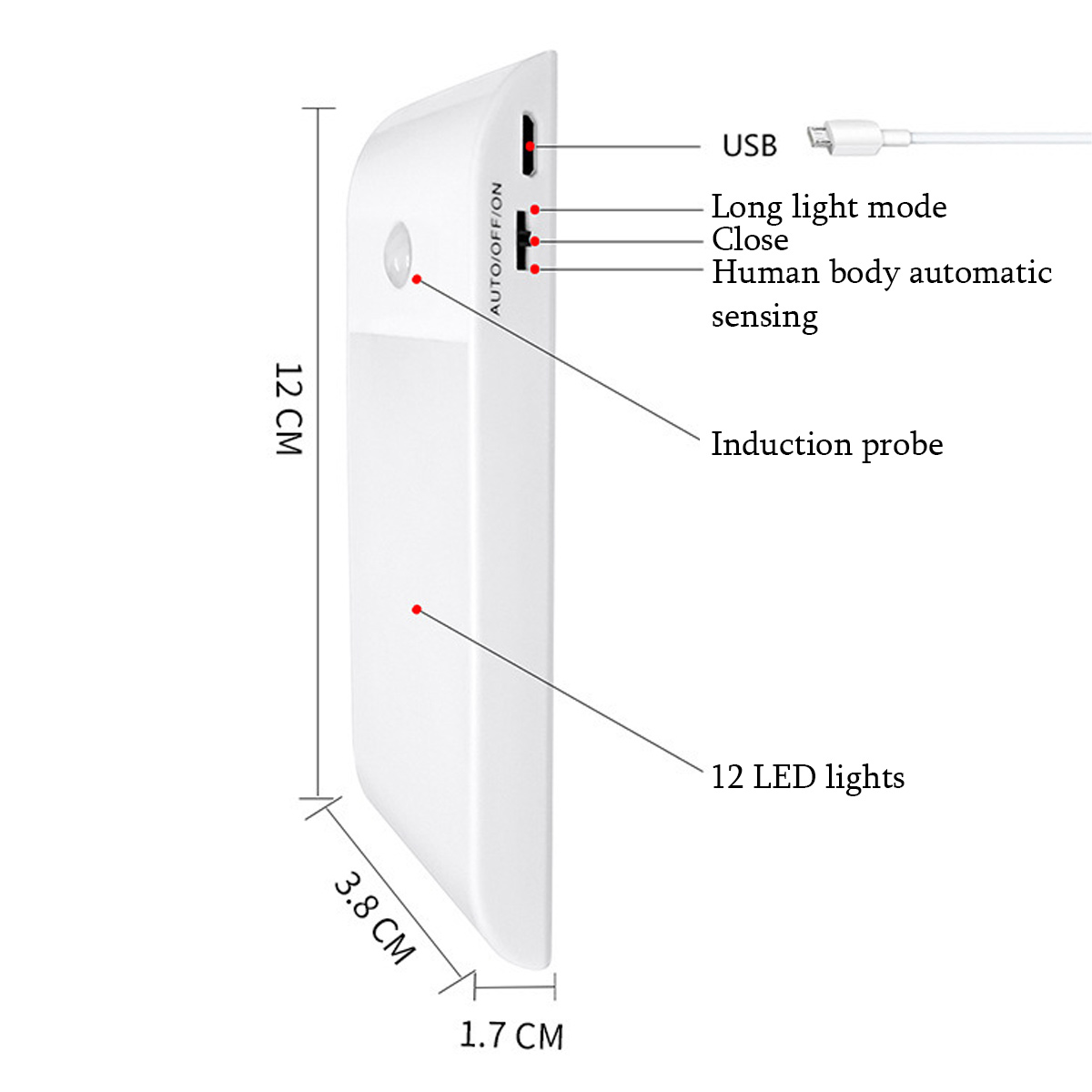 Weiße LED-Leiste mit USB, Sensoren und Maßen von 12x3,8x1,7 cm.