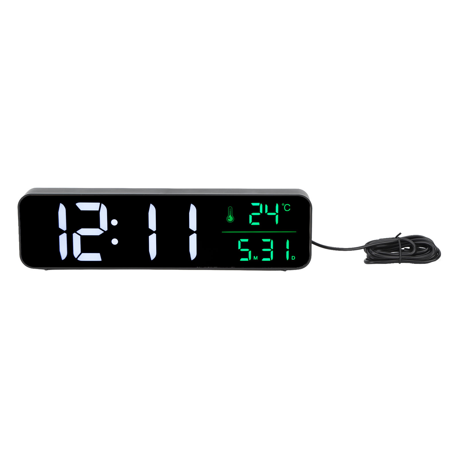 Digitaluhr mit Zeit 12:11, Temperatur 24°C und Datum 5.31.