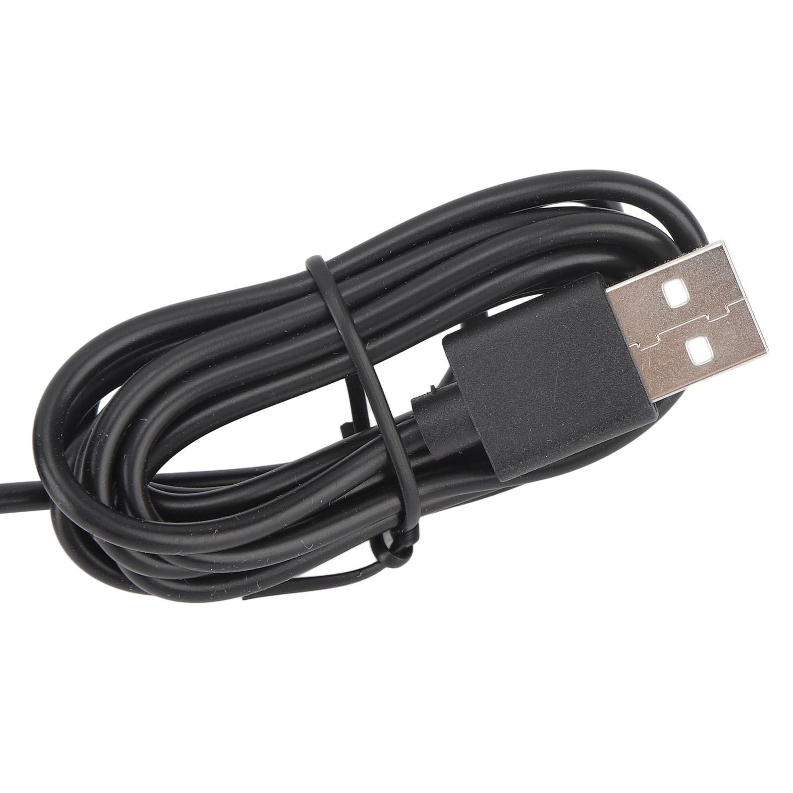 Ein schwarzes USB-Kabel ist aufgerollt und mit einem schwarzen Band gebunden. Der USB-A-Stecker ist sichtbar.