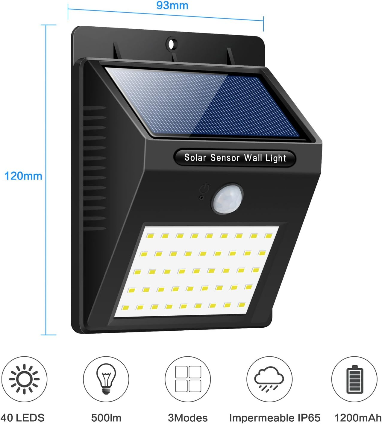 Schwarze Solar-Wandleuchte, 120mm hoch, 93mm breit, mit 40 LEDs.