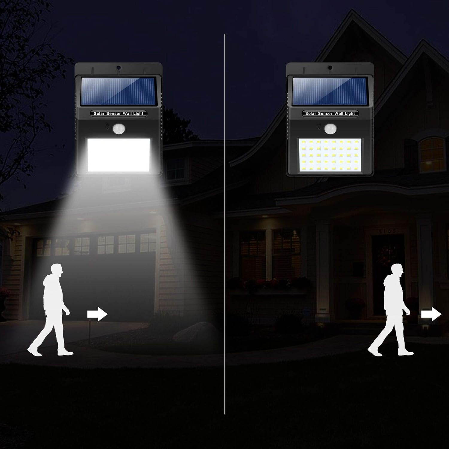 Zwei Solarwandleuchten, eine leuchtet hell, die andere hat viele LEDs.