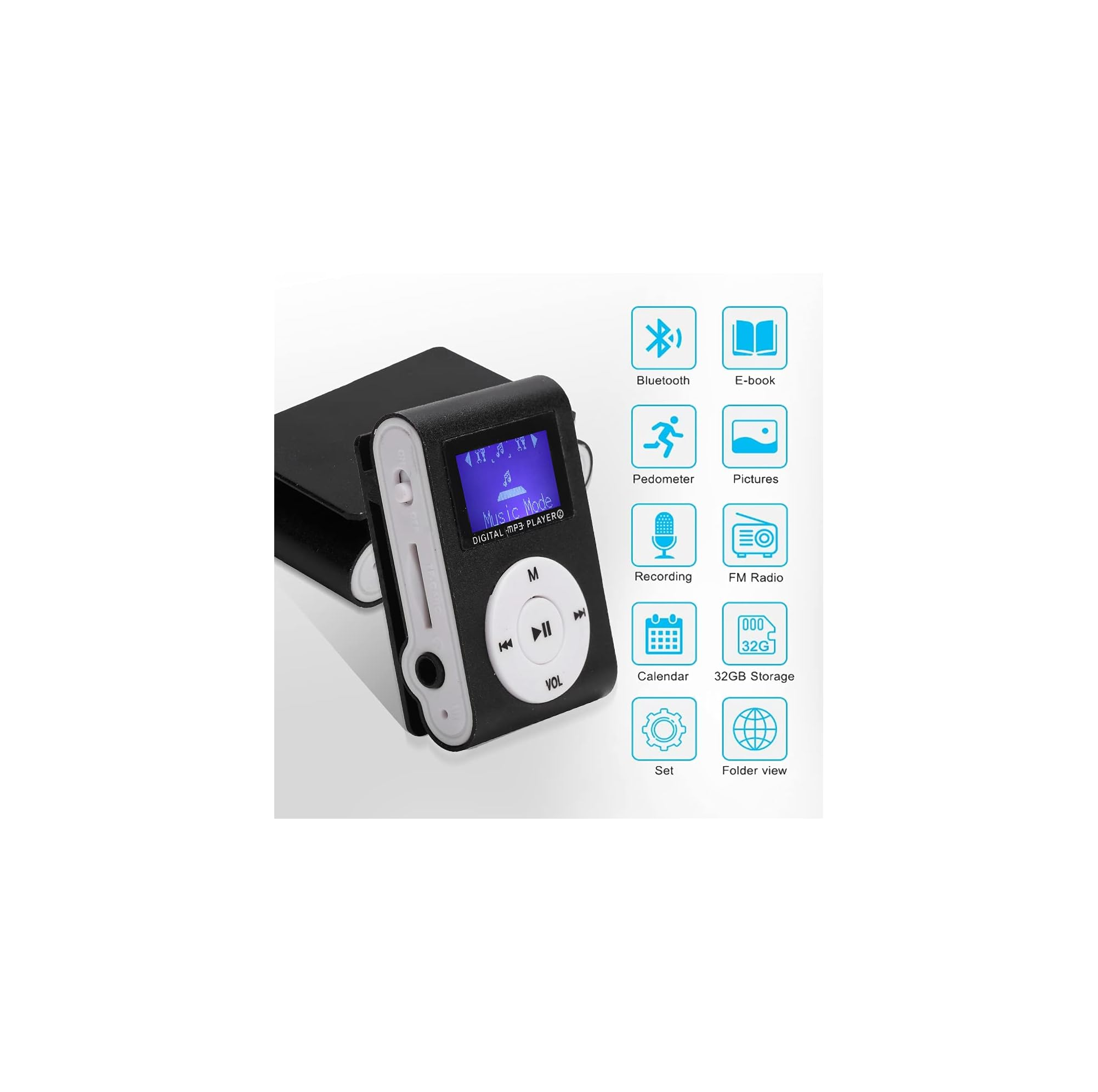 Ein schwarzer digitaler MP3-Player mit blauer Anzeige, Bedienelementen und Symbolen.