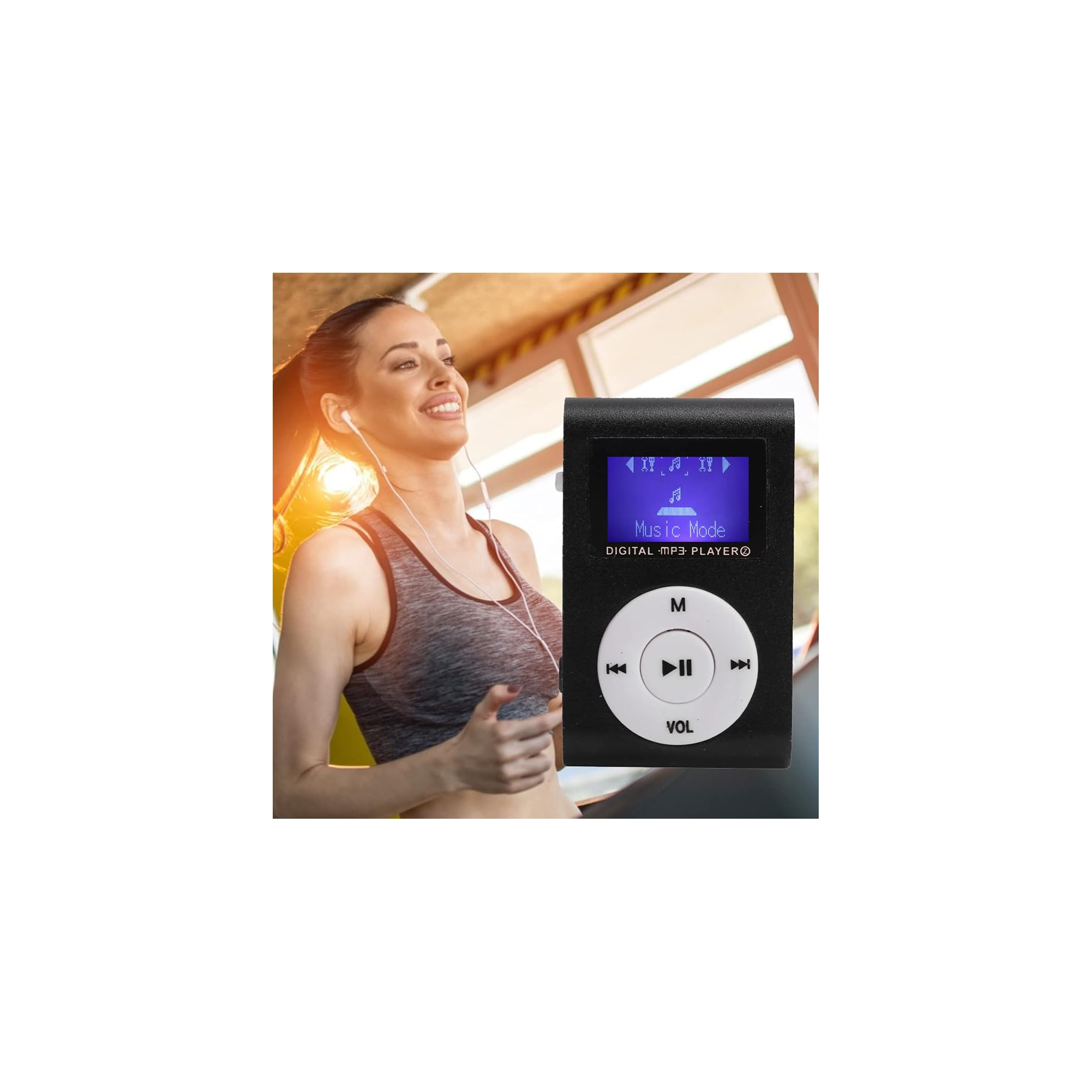 Eine Frau mit Kopfhörern läuft, neben ihr ein MP3-Player mit blauem Bildschirm.
