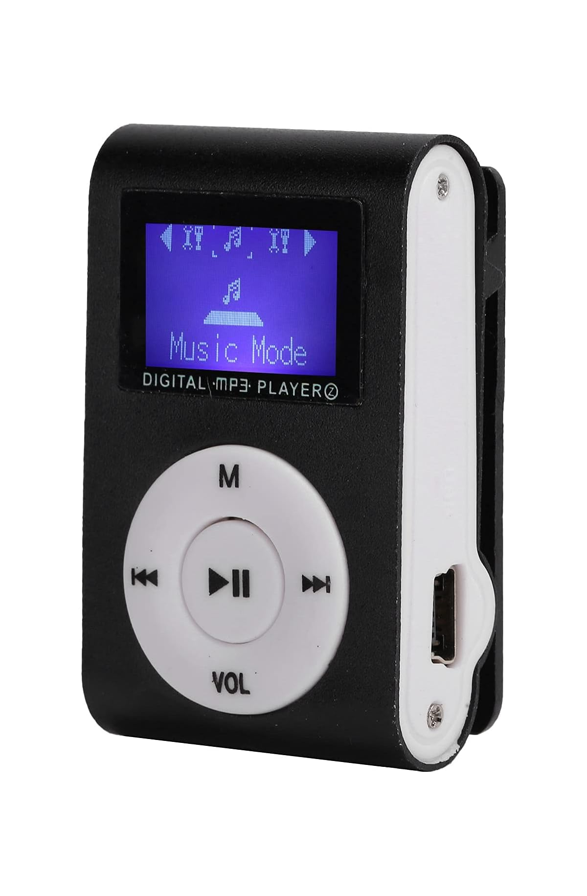 Ein schwarzer digitaler MP3-Player mit weißem Bedienfeld und blauer Anzeige.