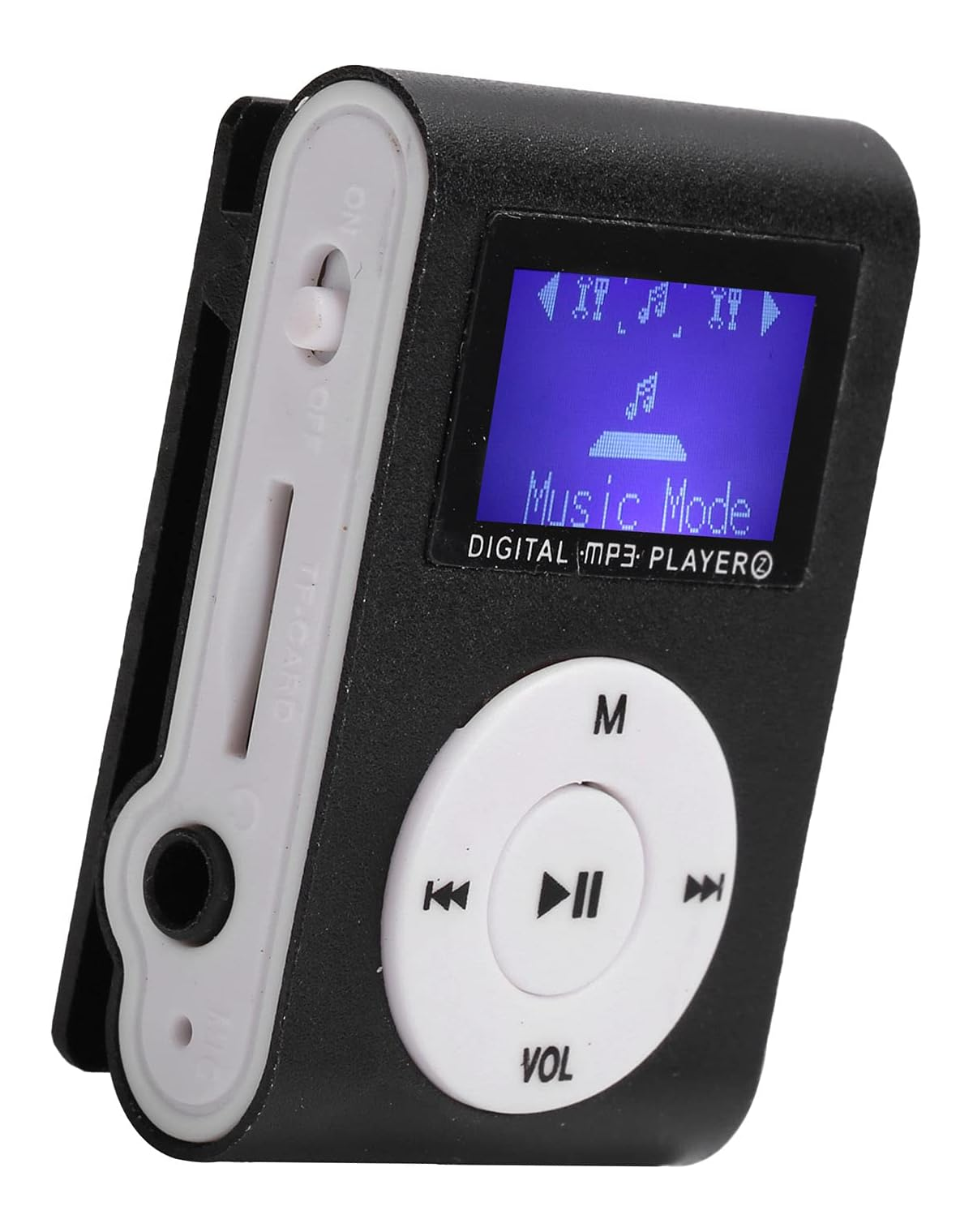 Schwarzer digitaler MP3-Player mit blauem Bildschirm, der 'Music Mode' anzeigt.