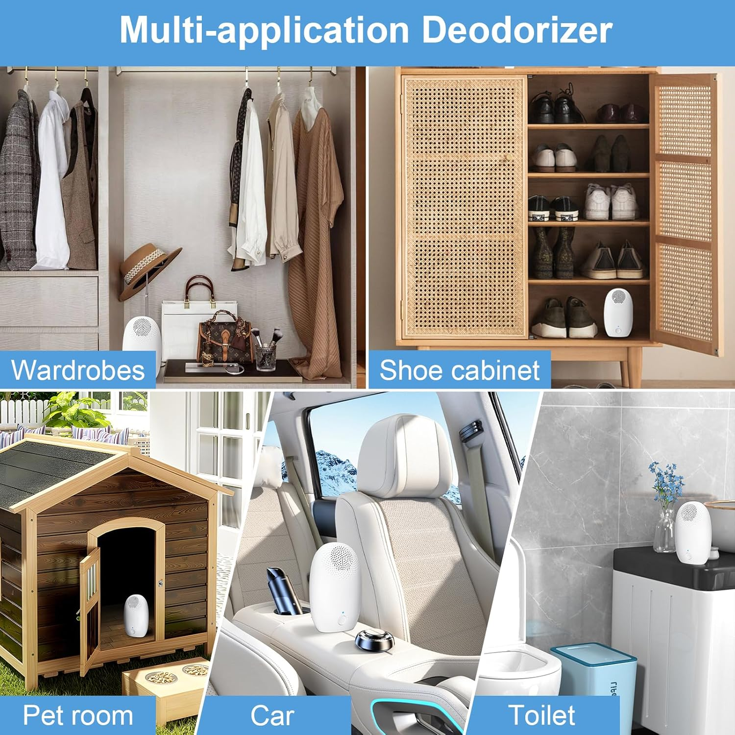 Collage zeigt einen weißen Lufterfrischer in einem Kleiderschrank, Schuhschrank, Auto, Haustierhaus und Toilette.