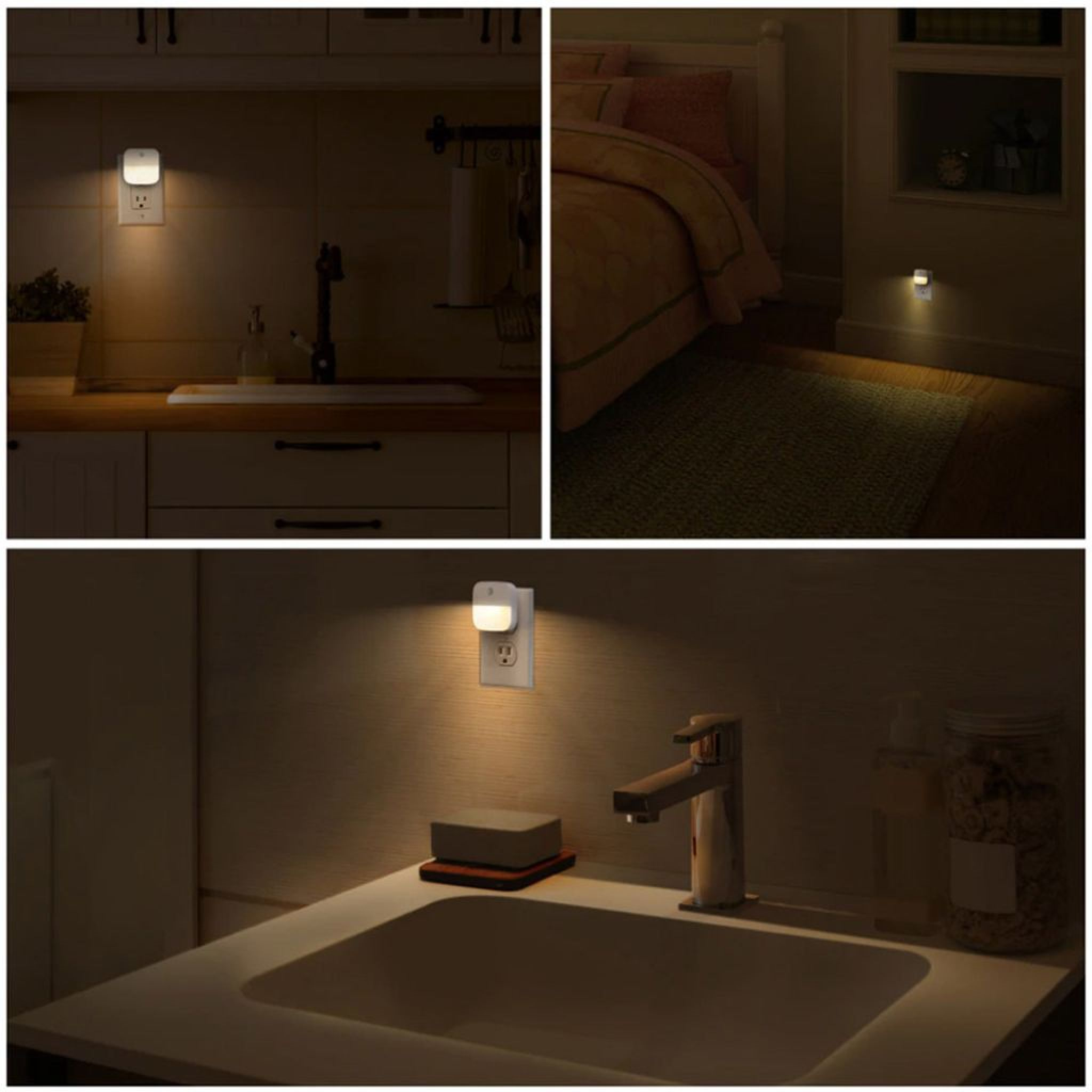 Ein Nachtlicht leuchtet in einem modernen Badezimmer über einem Waschbecken.